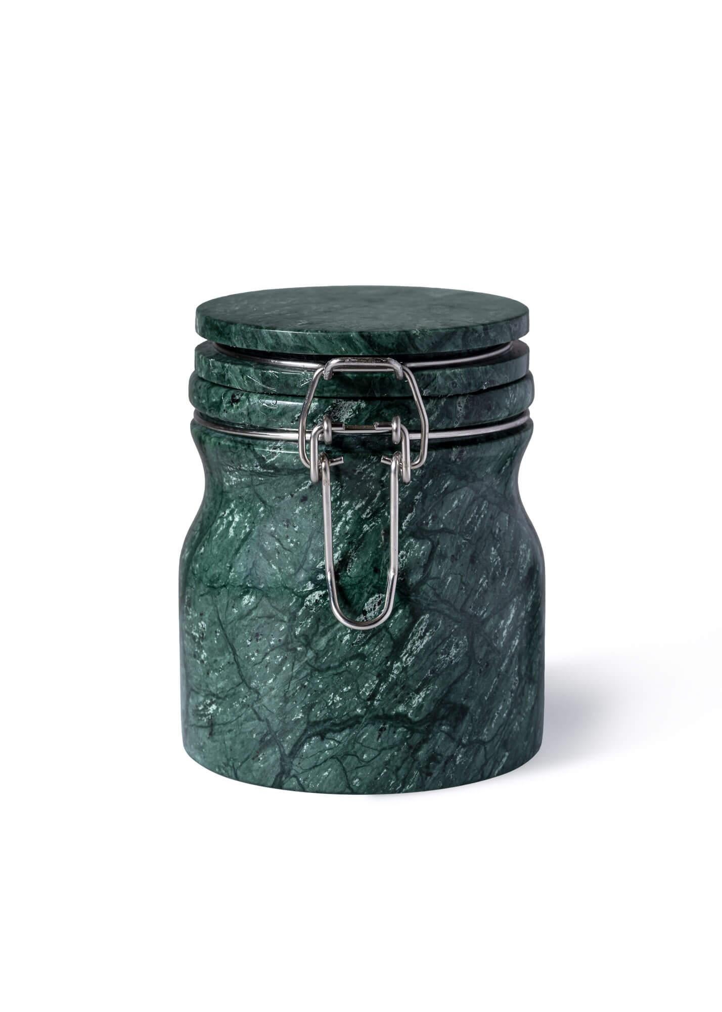 The Marblelous Jar is a handcrafted marble container inspired by traditional marmalade jars. Featuring a chromed latch for added contemporary flair, it is both beautiful to use and admire. Available in three colour variations - Green Guatemala,