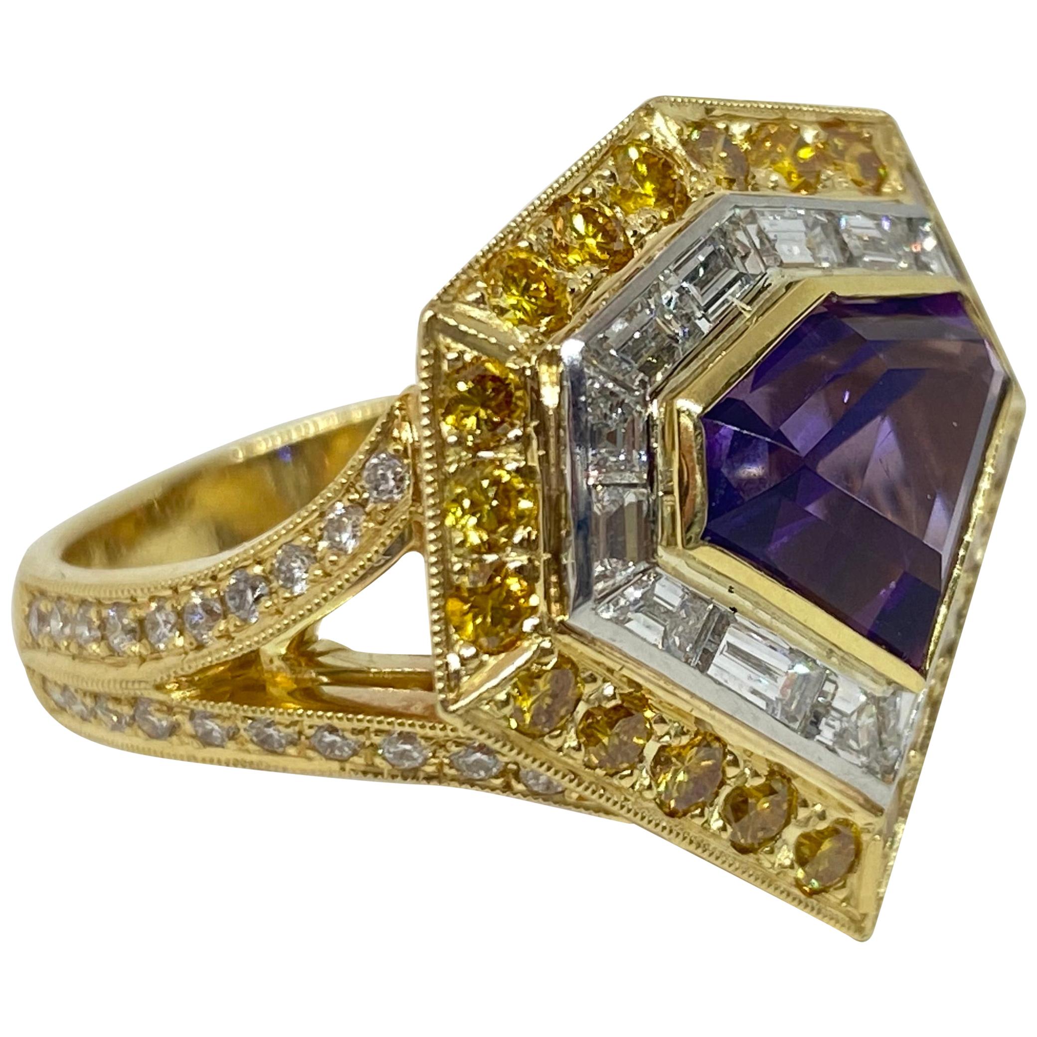 Handmade Mark Areias Jewelers Shield Shaped Kite Amethyst and Diamond Ring For Sale