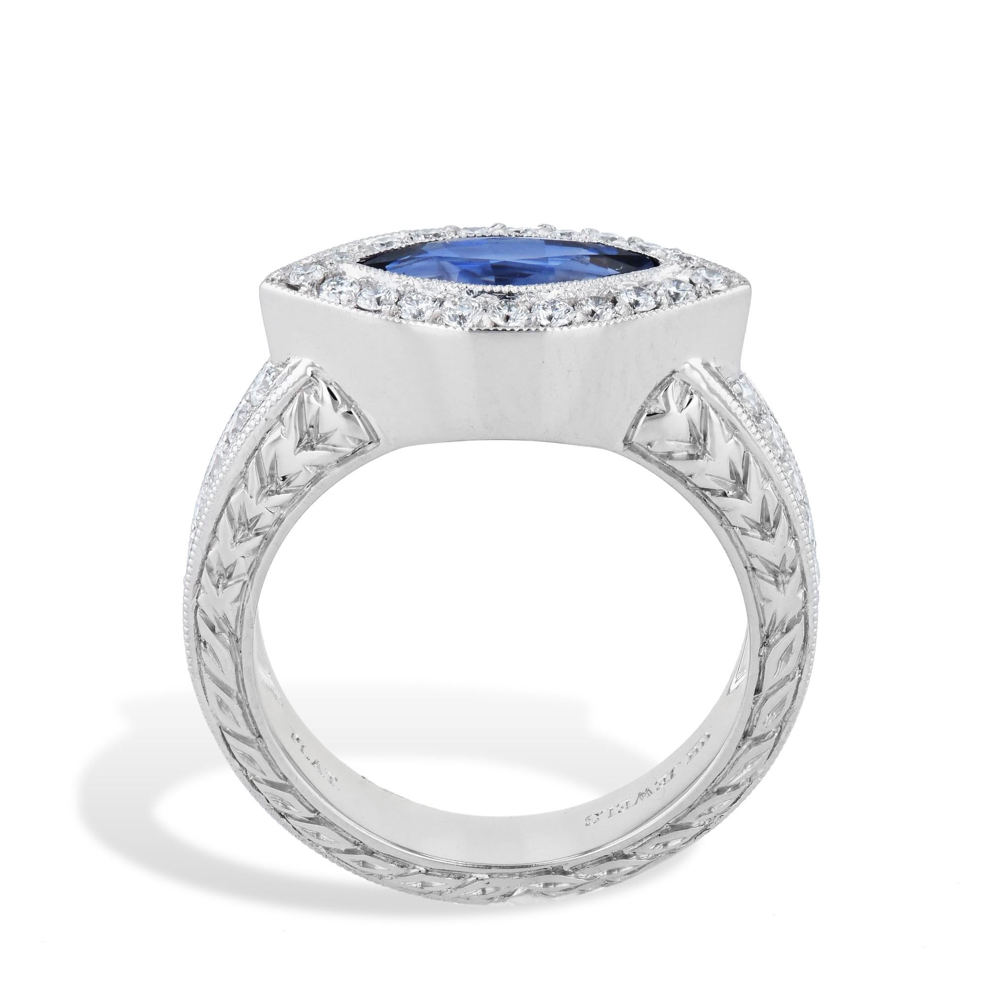 Handmade Marquise Blue Sapphire Pave Diamond Platinum Ring In New Condition For Sale In Miami, FL