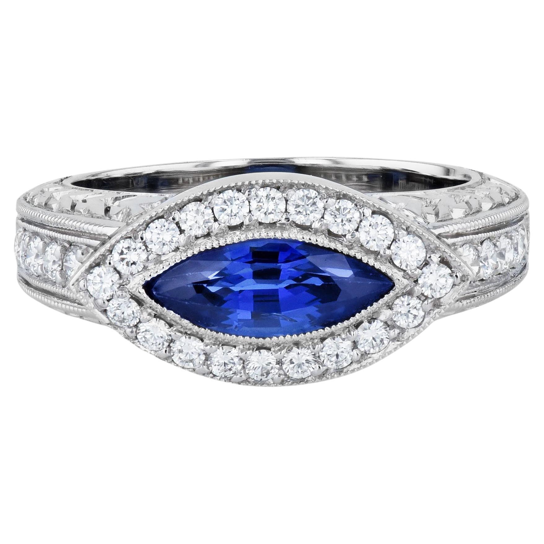 Handmade Marquise Blue Sapphire Pave Diamond Platinum Ring For Sale