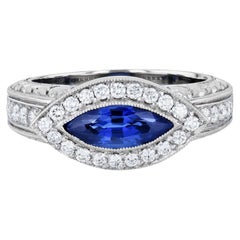 Handmade Marquise Blue Sapphire Pave Diamond Platinum Ring