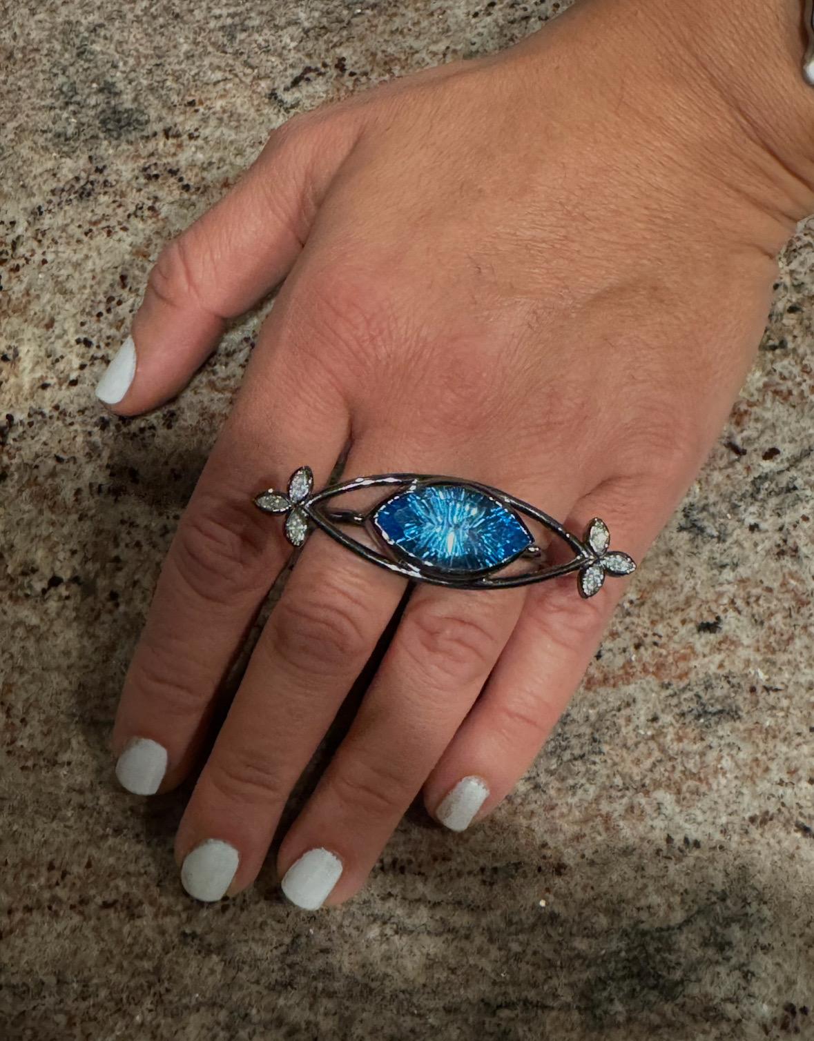 Modern Handmade Marquise Diamond Millennium Cut Blue Topaz Platinum Two FingerRing For Sale