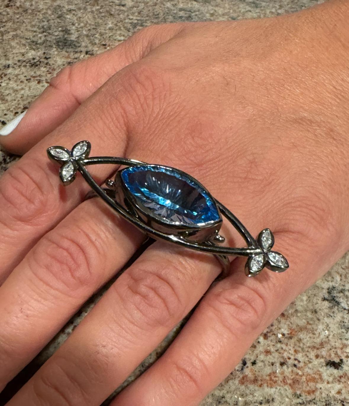 Marquise Cut Handmade Marquise Diamond Millennium Cut Blue Topaz Platinum Two FingerRing For Sale