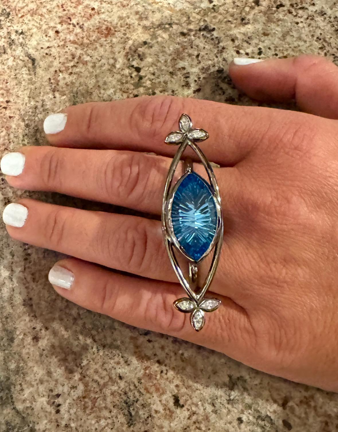 Handmade Marquise Diamond Millennium Cut Blue Topaz Platinum Two FingerRing In New Condition For Sale In Los Angeles, CA
