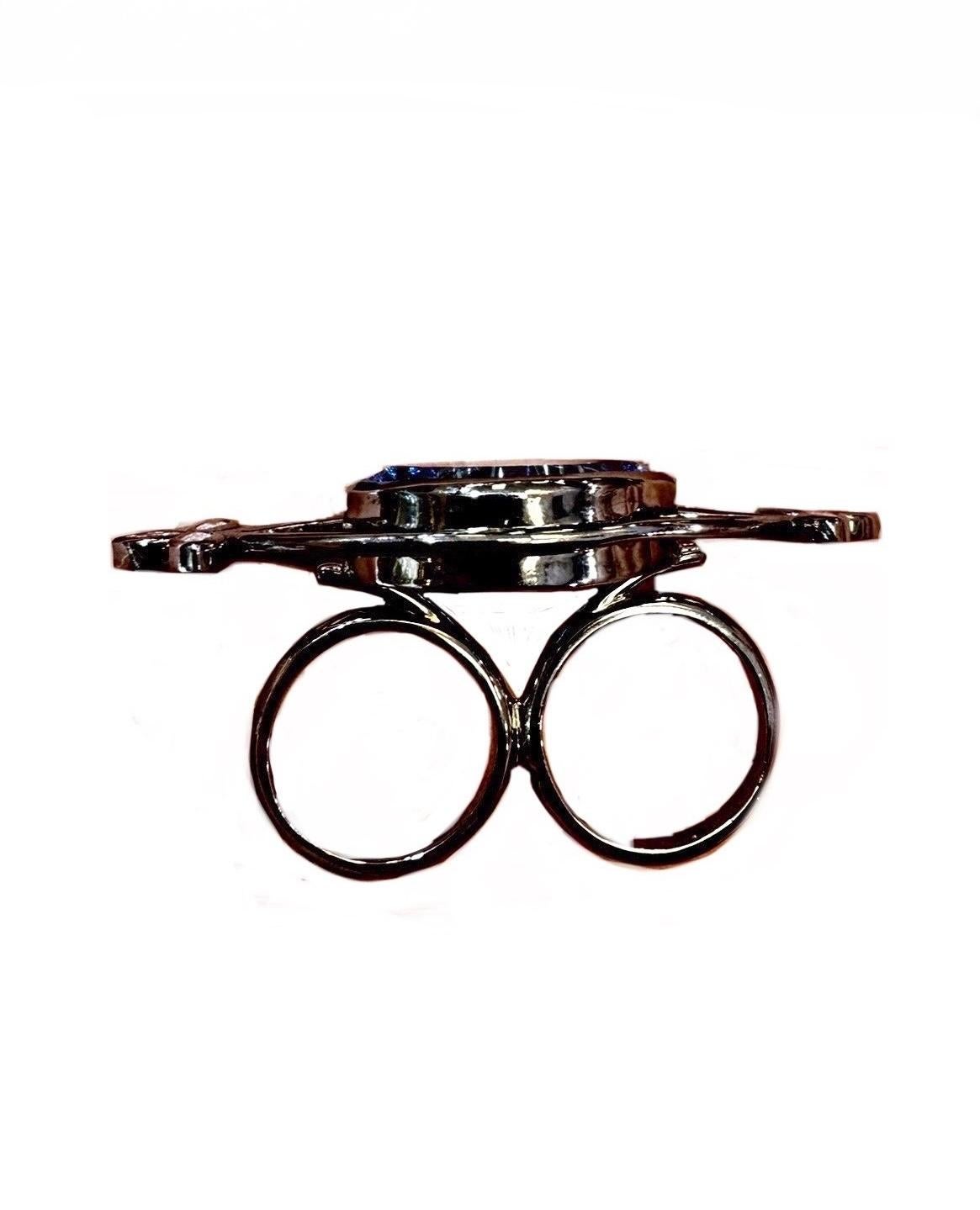 Handmade Marquise Diamond Millennium Cut Blue Topaz Platinum Two FingerRing For Sale 1