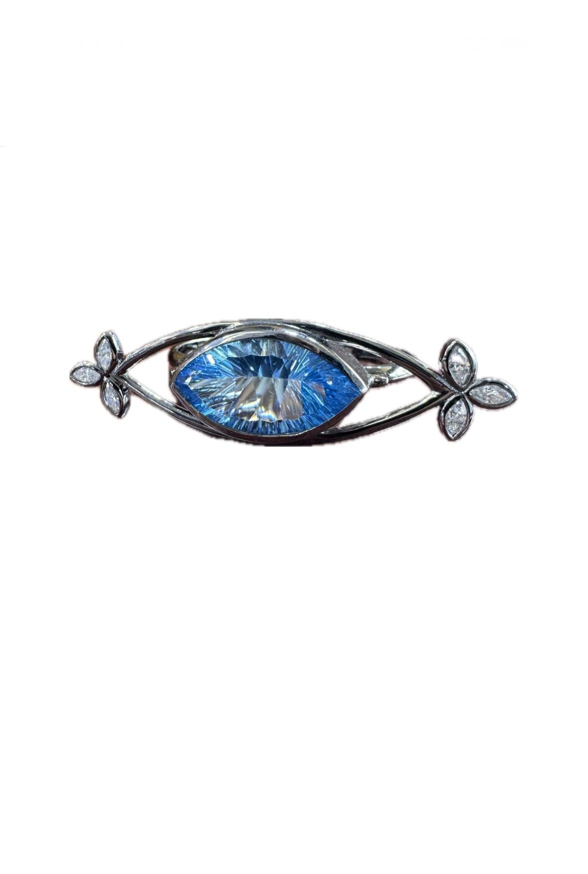 Handmade Marquise Diamond Millennium Cut Blue Topaz Platinum Two FingerRing For Sale 2