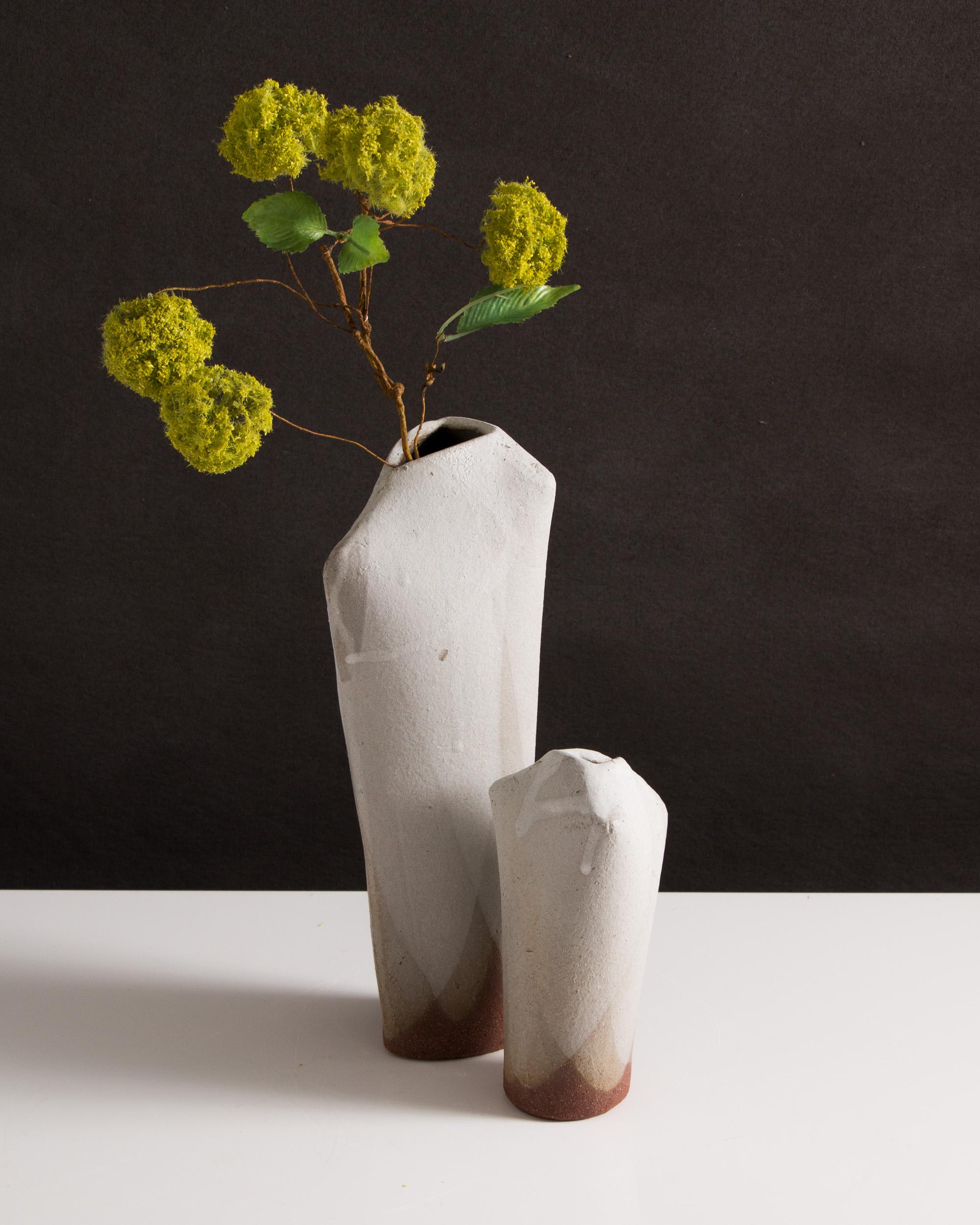Contemporary Handmade Matte White Glazed Modern Ceramic Bone Vases, Set of Two For Sale