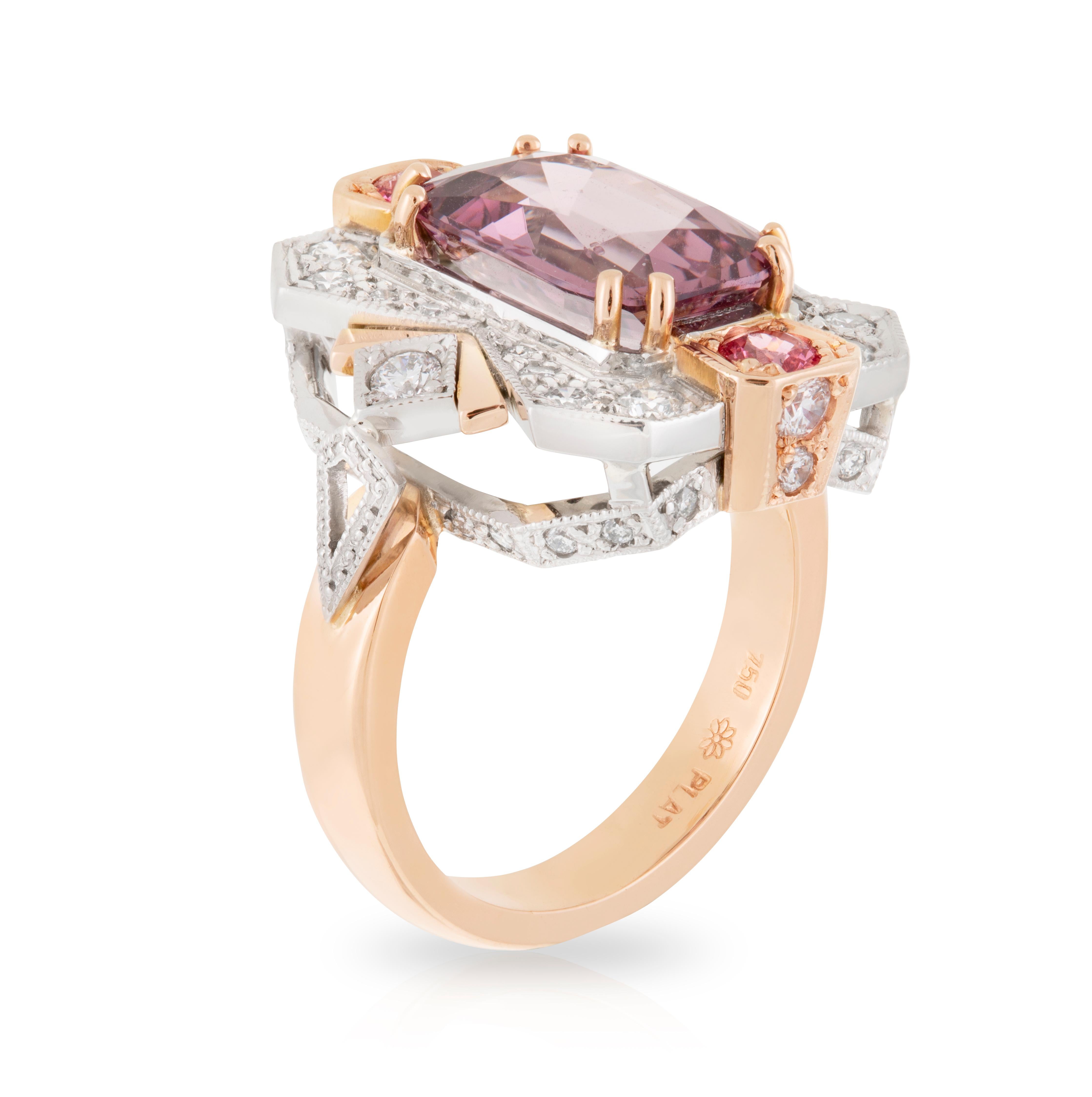 Handmade 18ct Rose Gold and Platinum Long 4.38ct Cushion Cut Mauve Spinel Centre, Pink Spinel accents and Geometric Diamond Art Deco Style Ring. TDW 0.89ct

