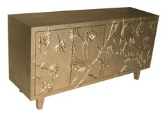 Handmade Med. Hammered Brass Floral Buffet – Carved Metal Sideboard Cabinet