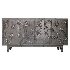 Handmade Med. Hammered White Bronze Floral Buffet – Metal Clad Sideboard