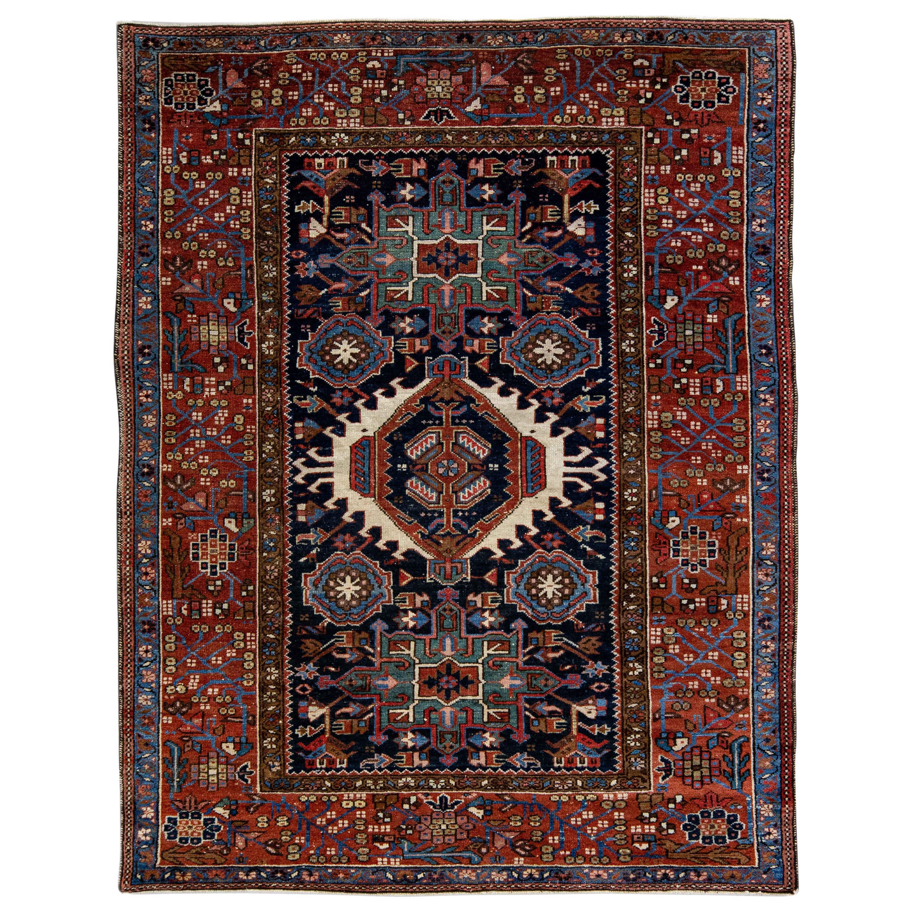 Tapis persan ancien en laine Heriz à motifs multicolores et médaillon fait à la main