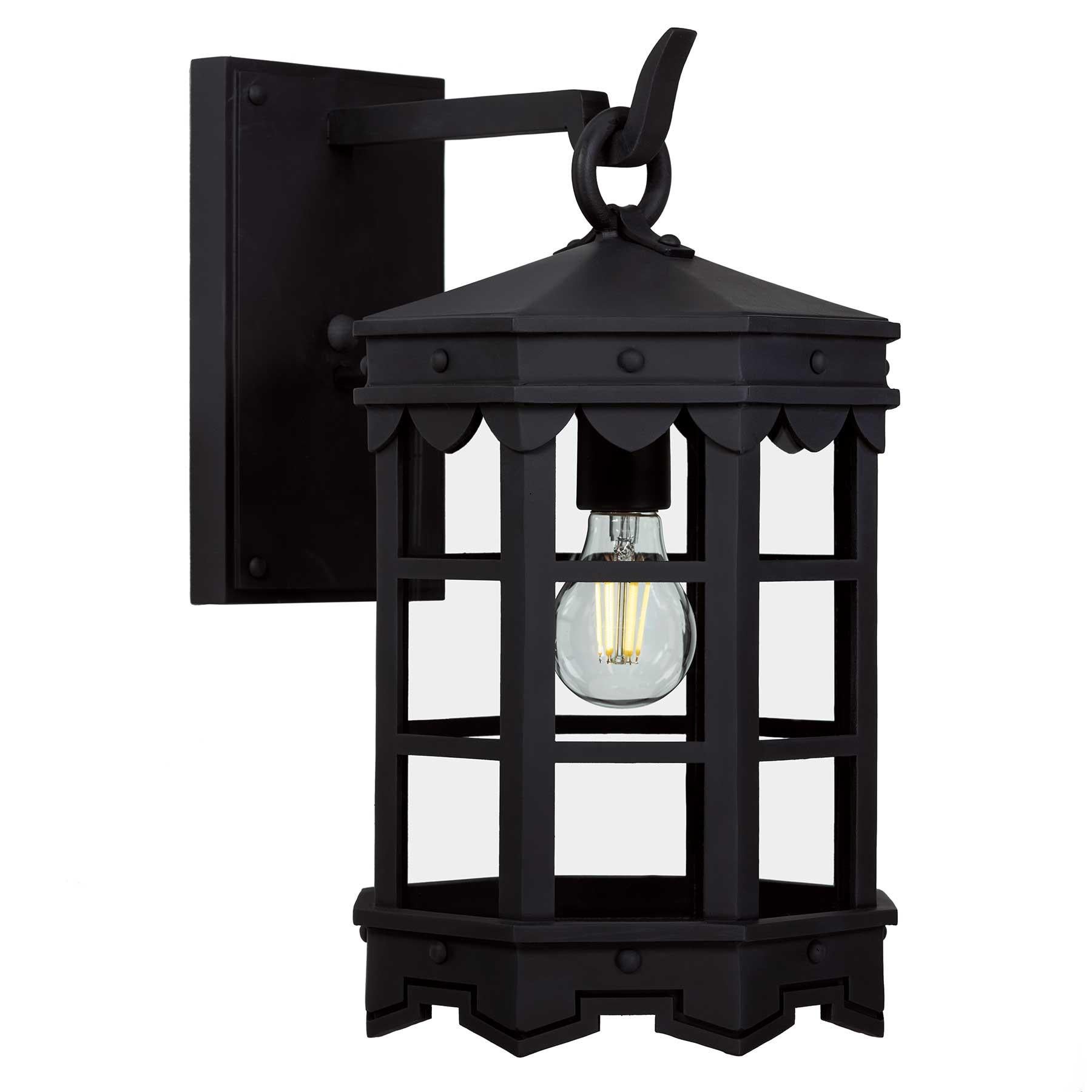 Spanish Colonial Mediterranean Handmade Wrought Iron Exterior Lantern Wall Light, Black Finish  For Sale