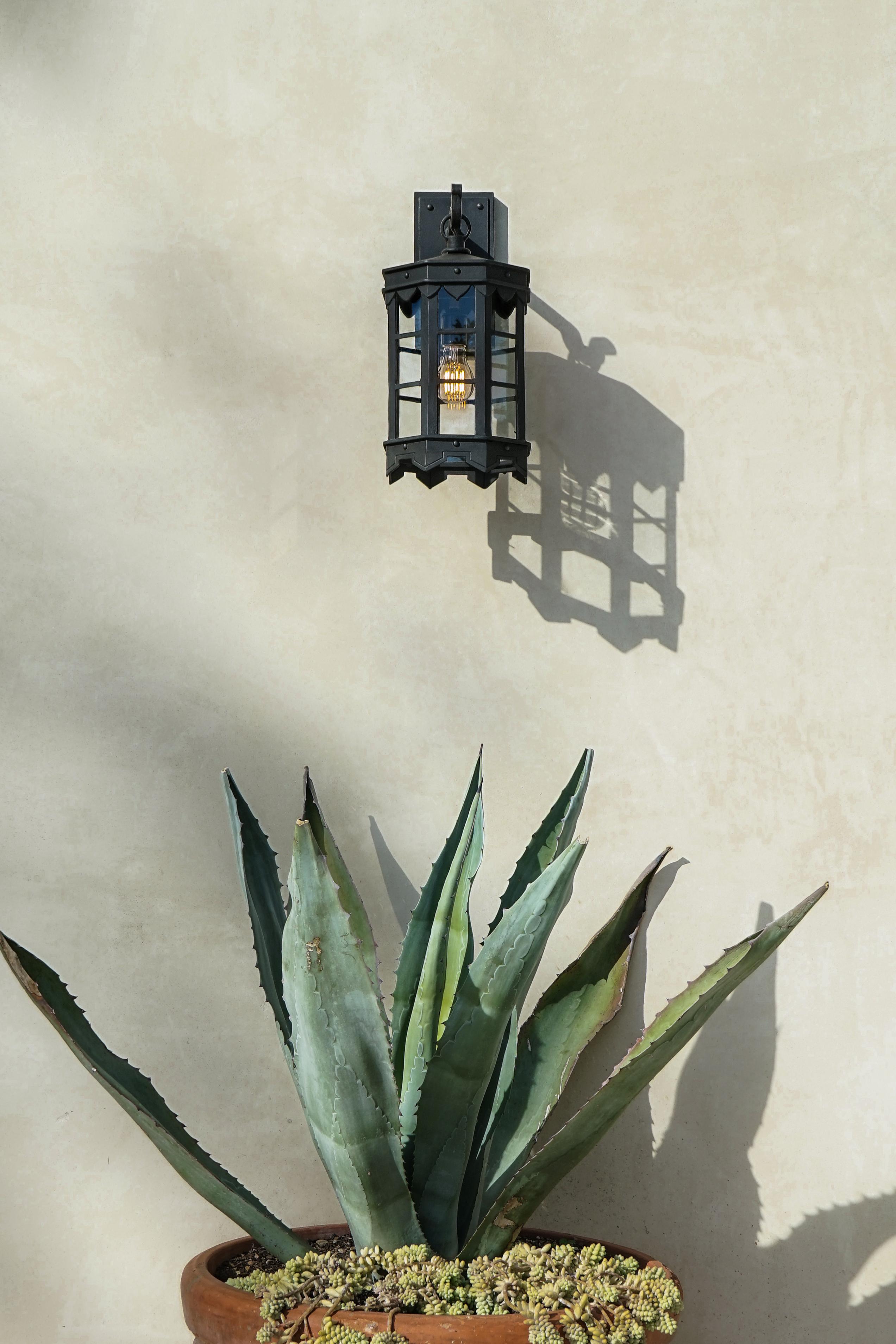 Mediterranean Handmade Wrought Iron Exterior Lantern Wall Light, Black Finish  In New Condition For Sale In Santa Paula, CA