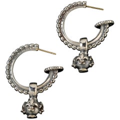 Handmade Medium Beaded Hoop Earrings with Fleur de Lis Ball