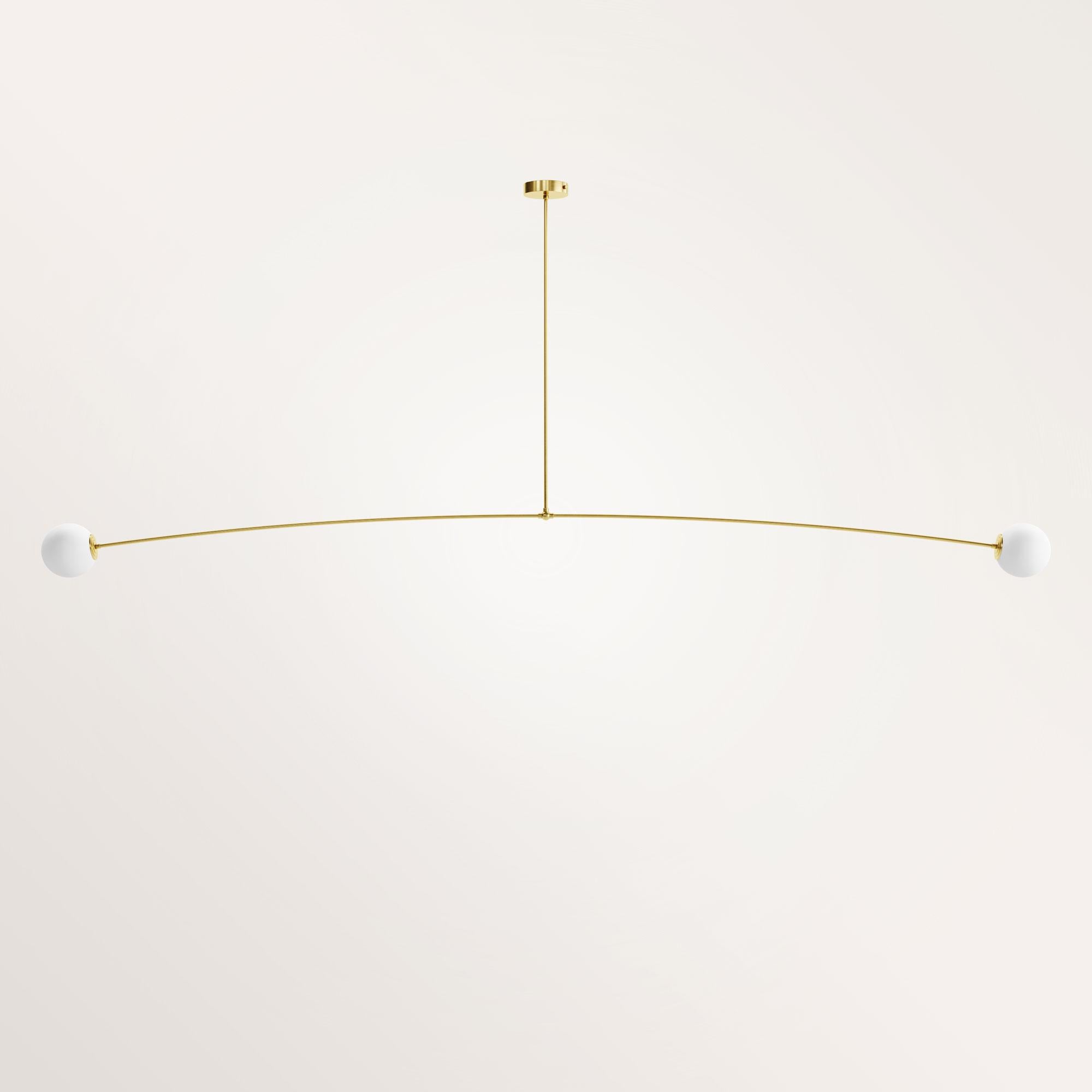 Handmade medium Nemesis I chandelier by Gobo Lights
Dimensions: 220 L X 12 l X 100 H
Materials: brass, opaline

Nemesis is the Greek Goddess of fair anger, revenge and balance which has inspired this light. 

Self-taught and from the world of