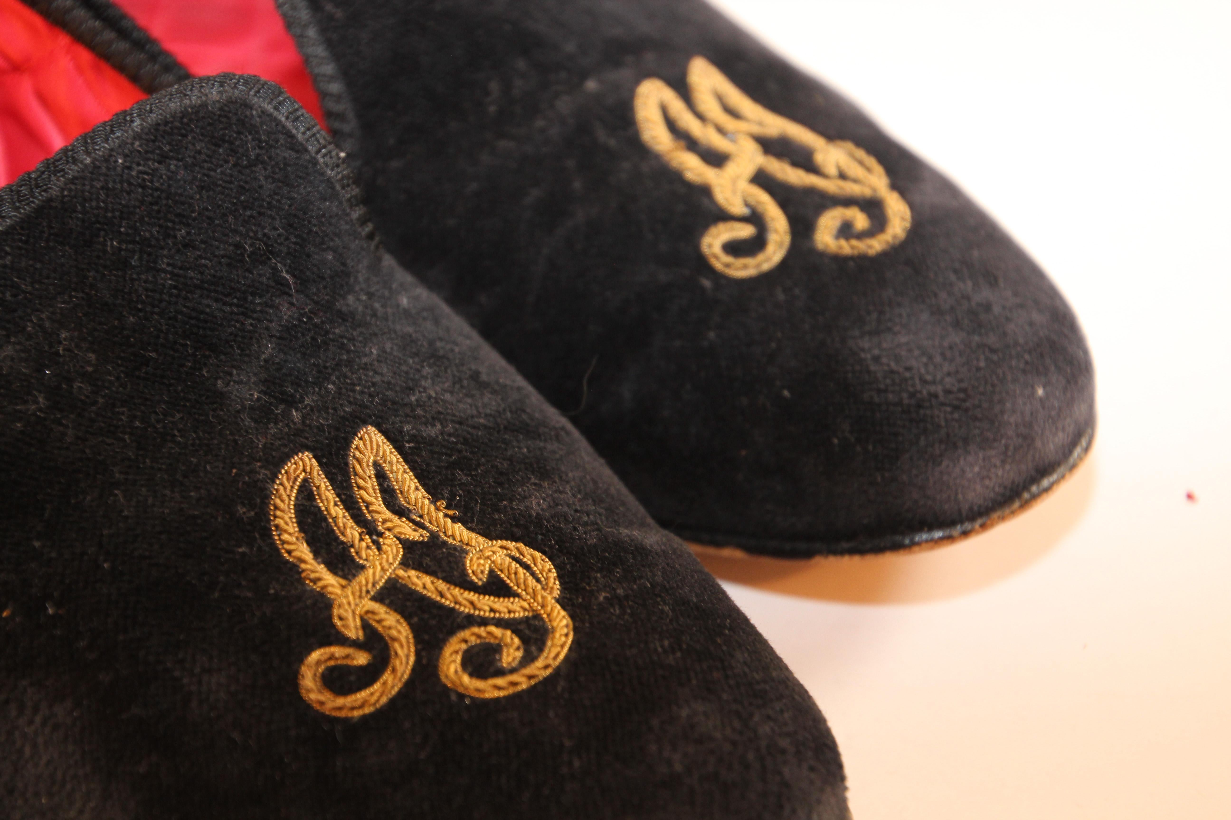 Handmade Men's Black Velvet Loafers with Gold Embroidery 2