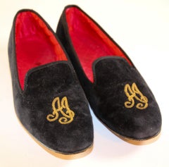 Handmade Men's Black Velvet Loafers with Gold Embroidery