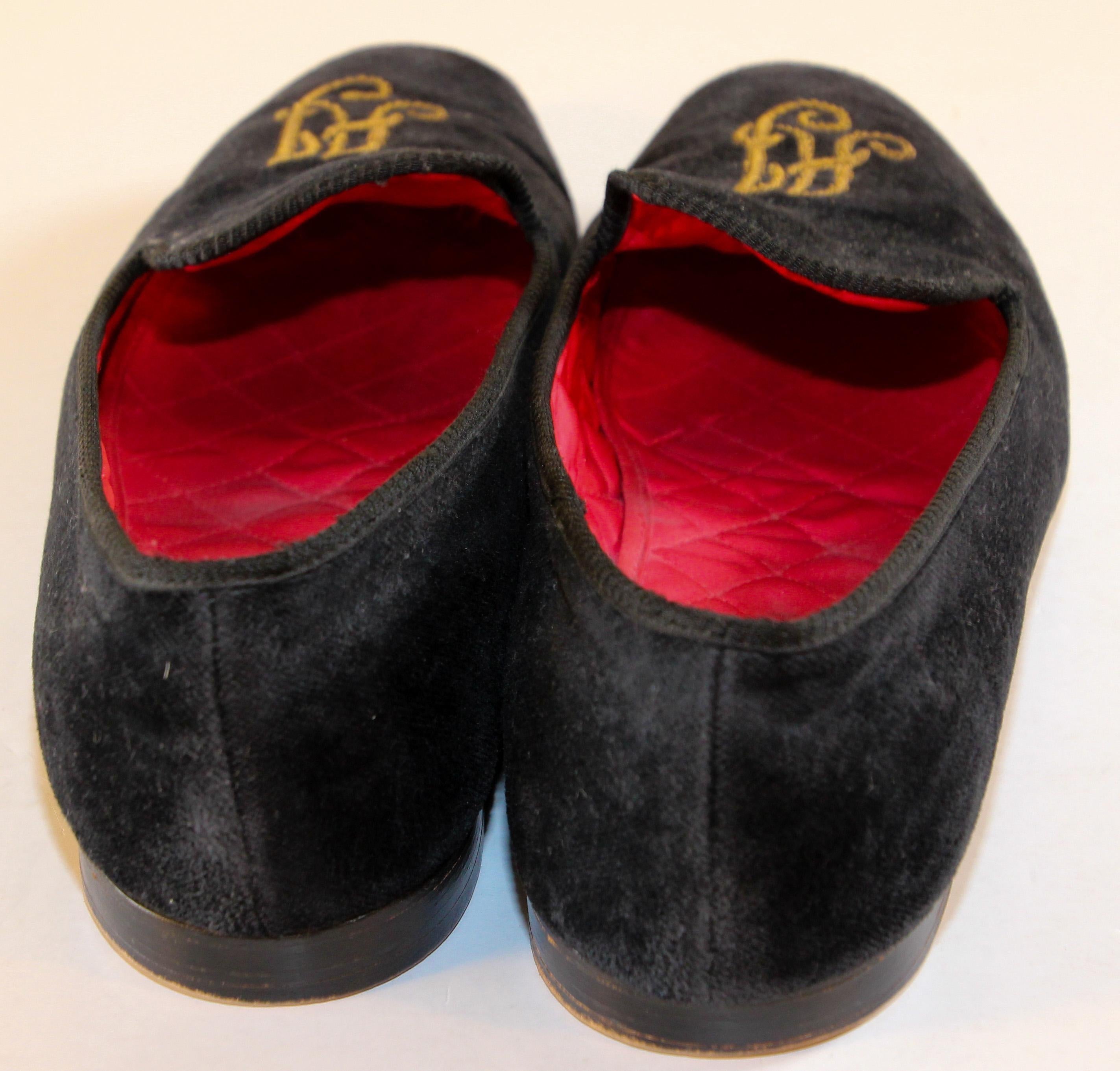 Brown Handmade Men's Black Velvet Loafers with Gold Embroidery