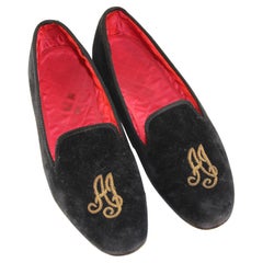 Vintage Handmade Men's Black Velvet Loafers with Gold Embroidery
