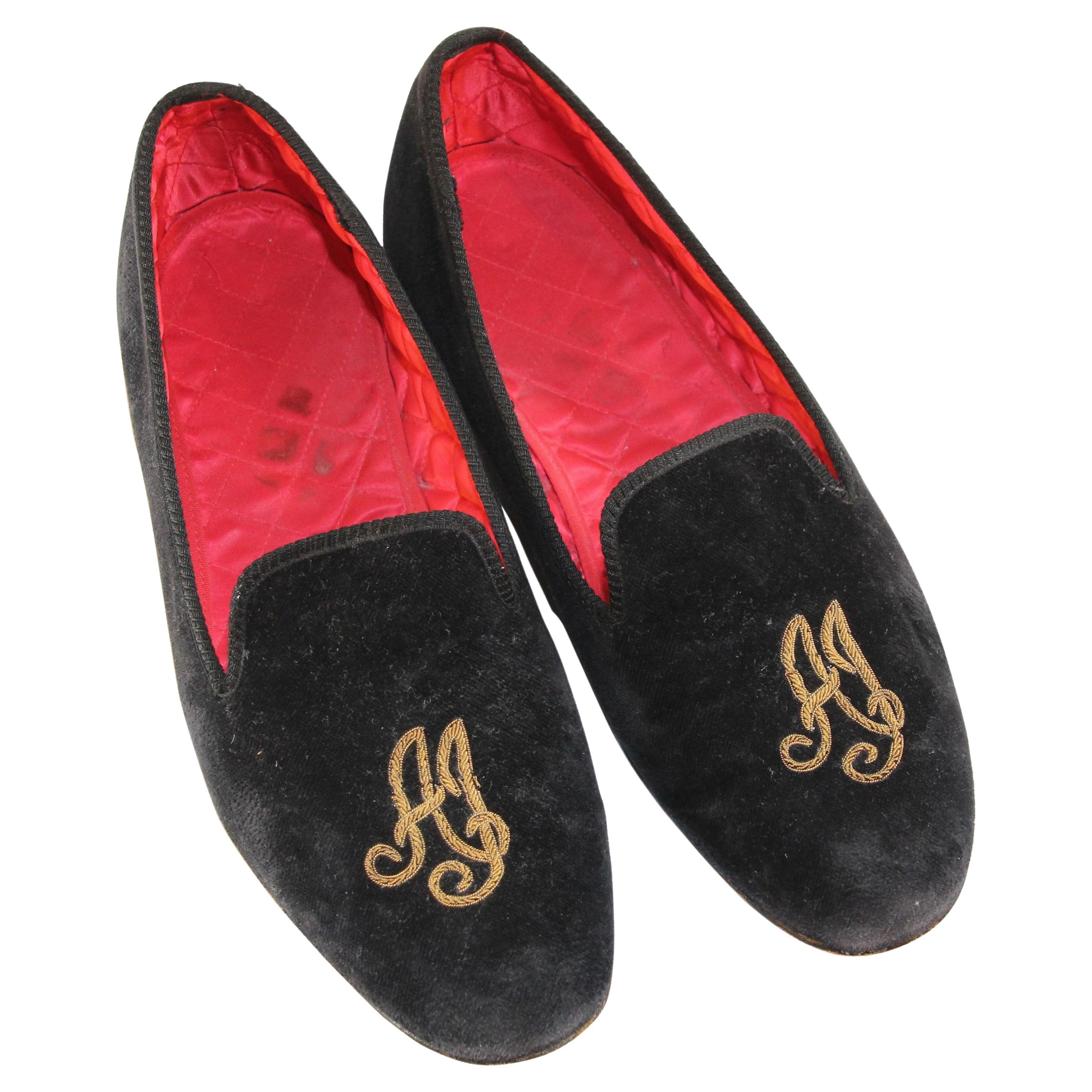 Handmade Men's Black Velvet Loafers with Gold Embroidery