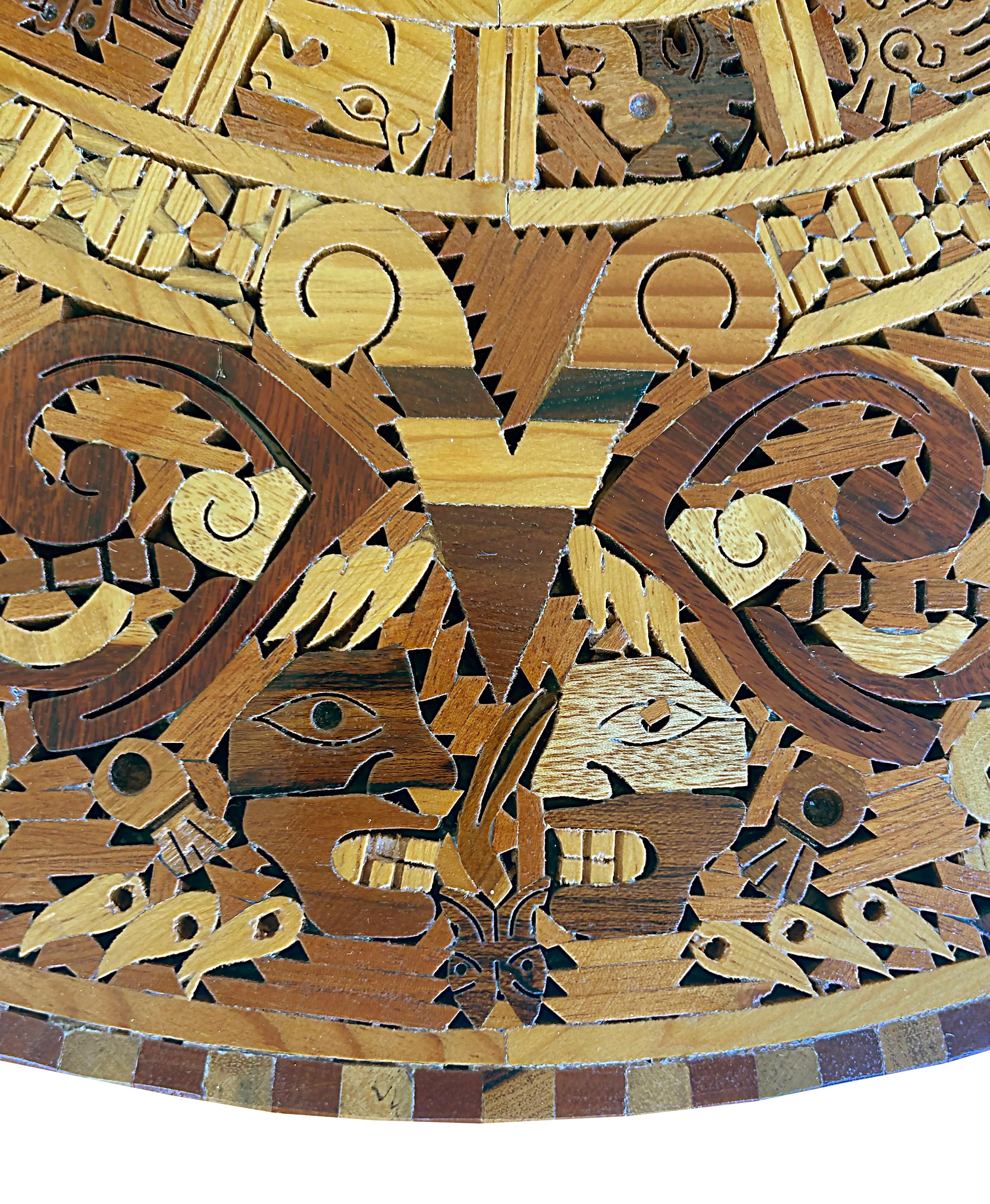 Mosaic Handmade Mexican Exotic Wood Aztec Calendar Wall Sculpture- Only One Available For Sale