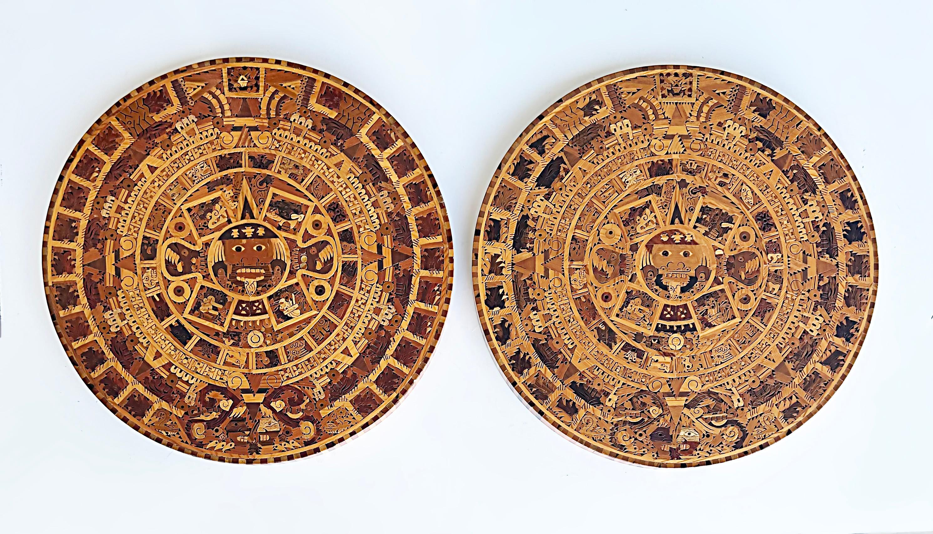 Teak Handmade Mexican Exotic Wood Aztec Calendar Wall Sculpture- Only One Available For Sale