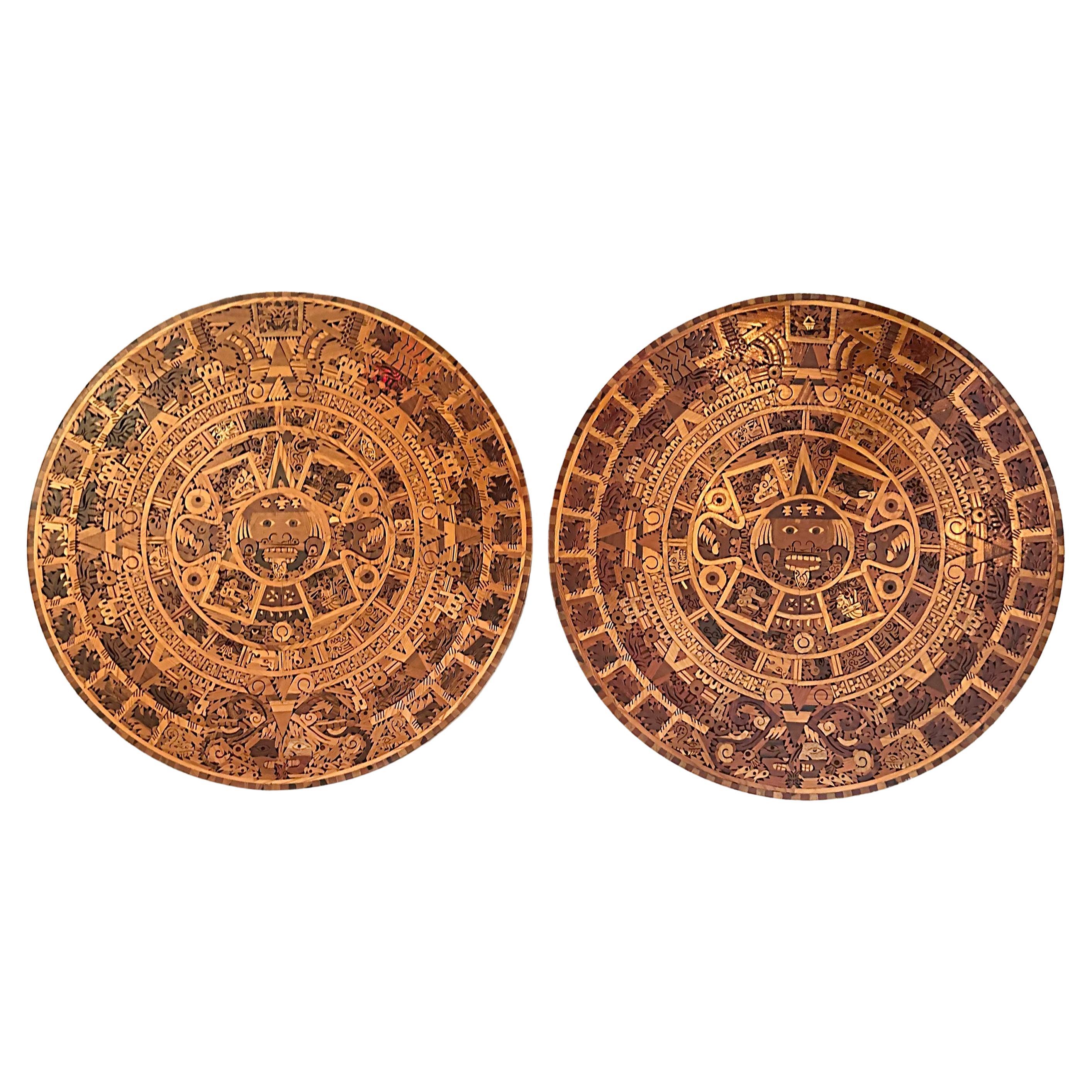 Handmade Mexican Exotic Wood Aztec Calendar Wall Sculpture- Only One Available For Sale
