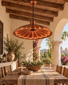 Handmade Hammered Solid Copper Concha Scalloped Pendant Light, Nayarit Mexico