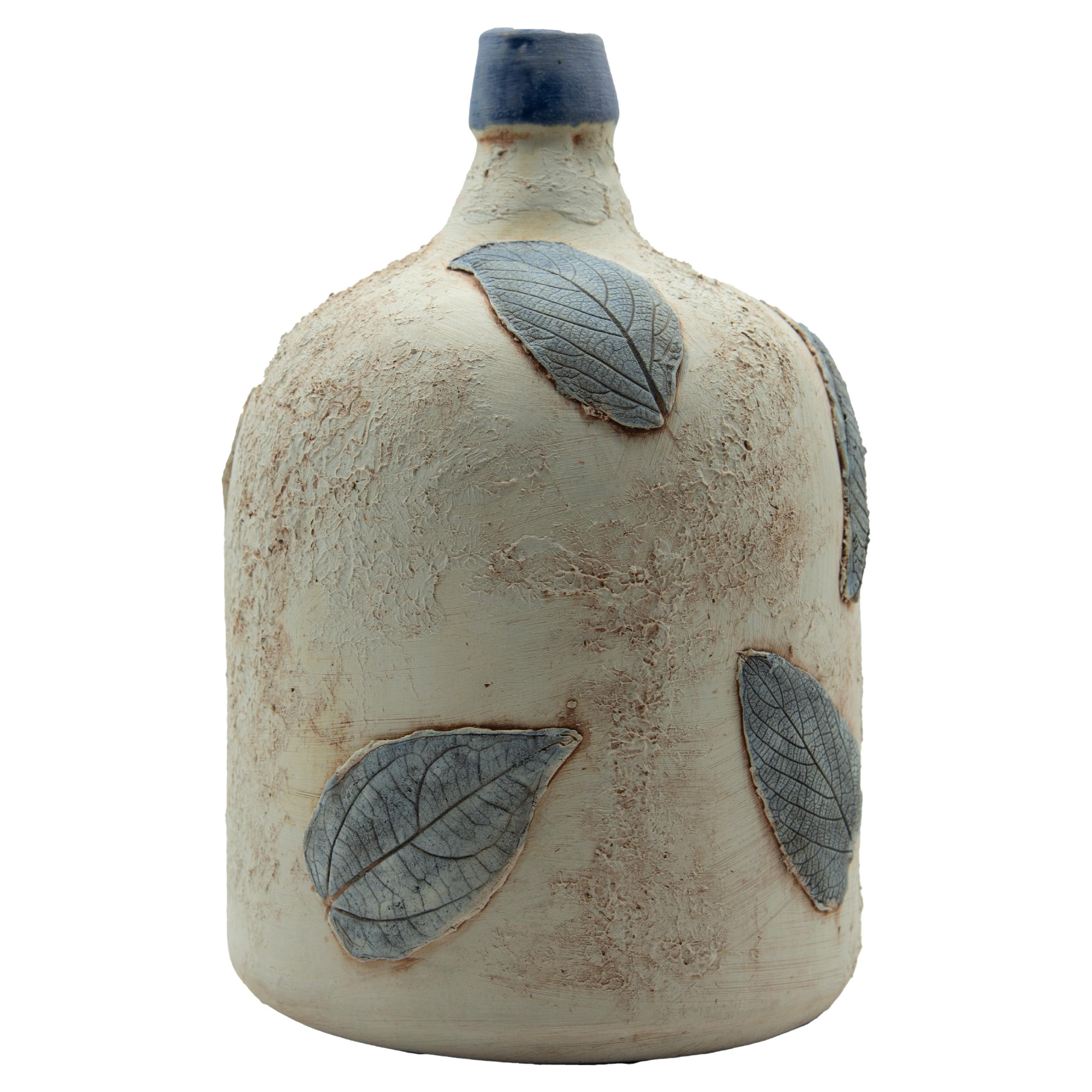 Handmade Mezcal Vessel Clay with Leaf Prints Fossil Like Ceramic Organic Modern For Sale