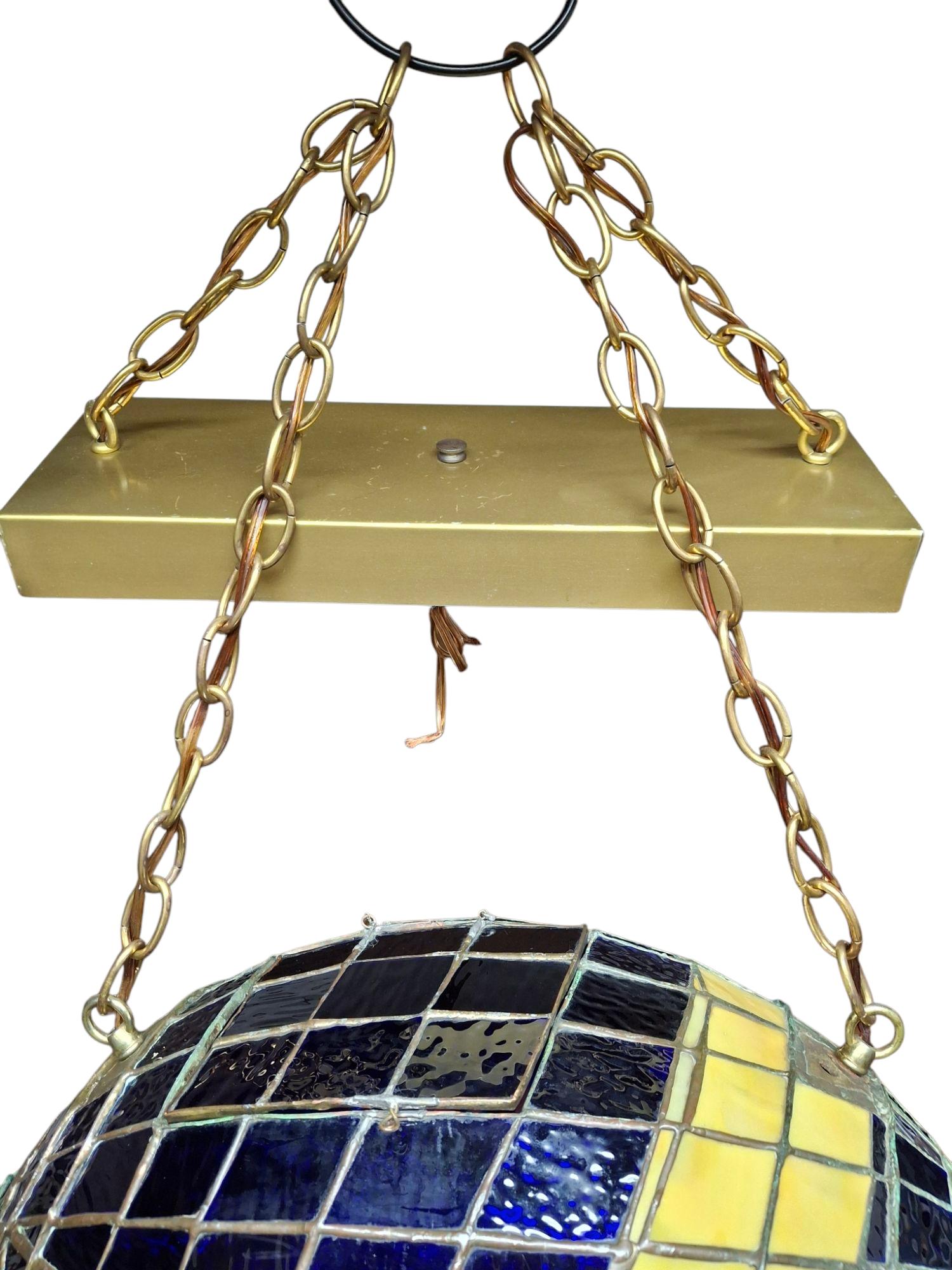 Metal Handcrafted Mid-Century Stained Glass Pendant Light ~ UC California For Sale