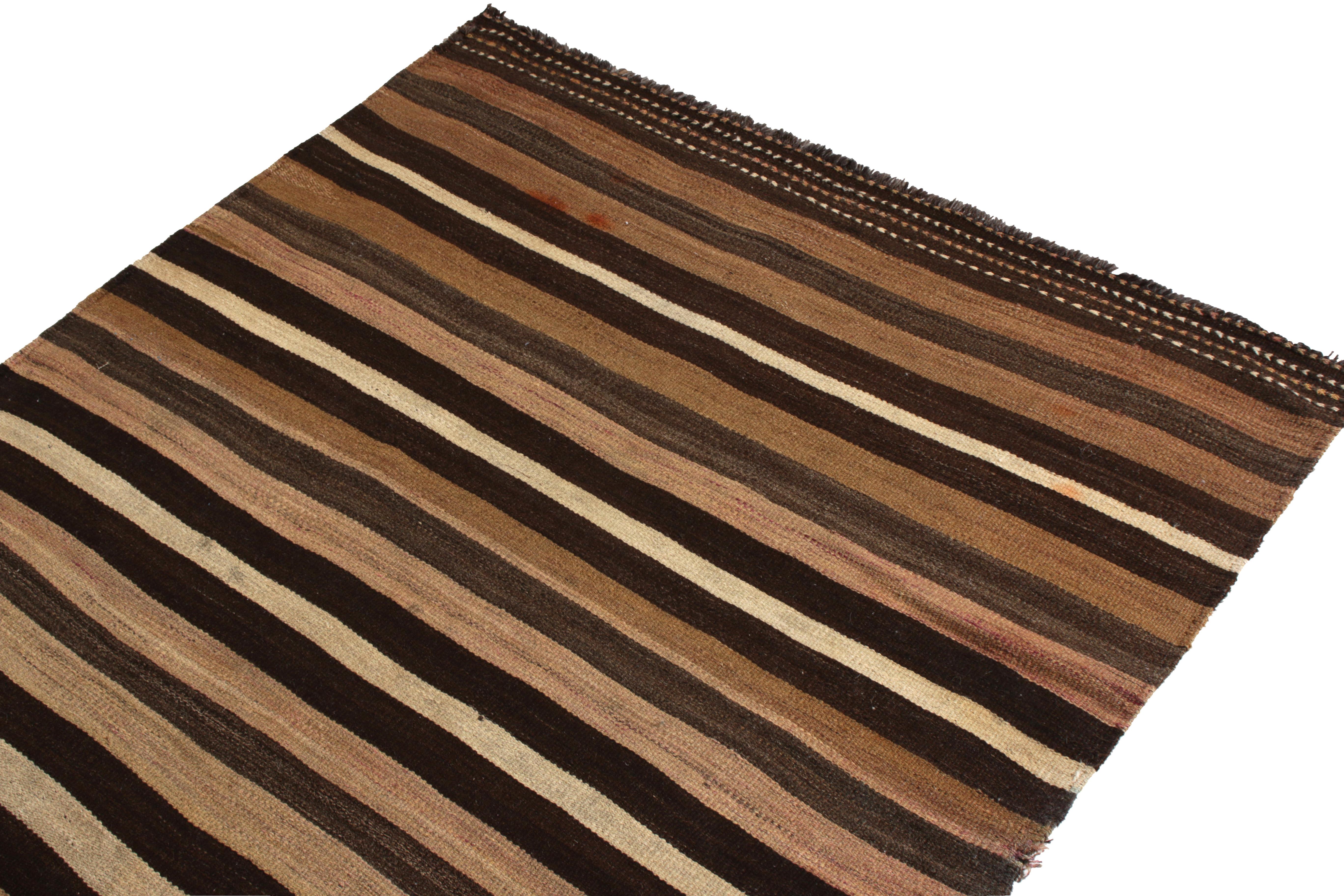 Hand-Woven Handmade Midcentury Vintage Kilim in Beige Brown Striped Pattern by Rug & Kilim