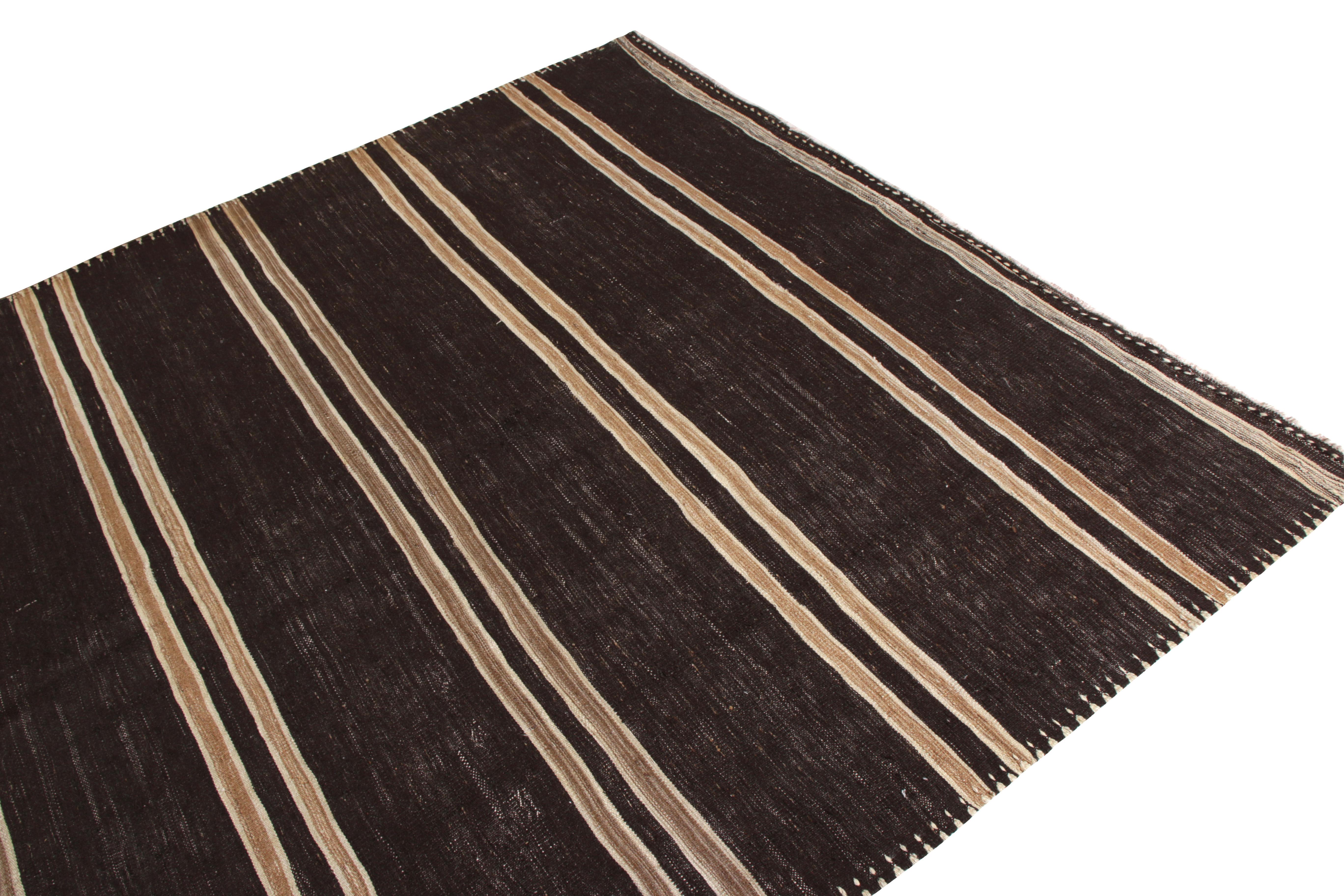 Hand-Woven Handmade Midcentury Vintage Kilim in Beige Brown Striped Pattern by Rug & Kilim