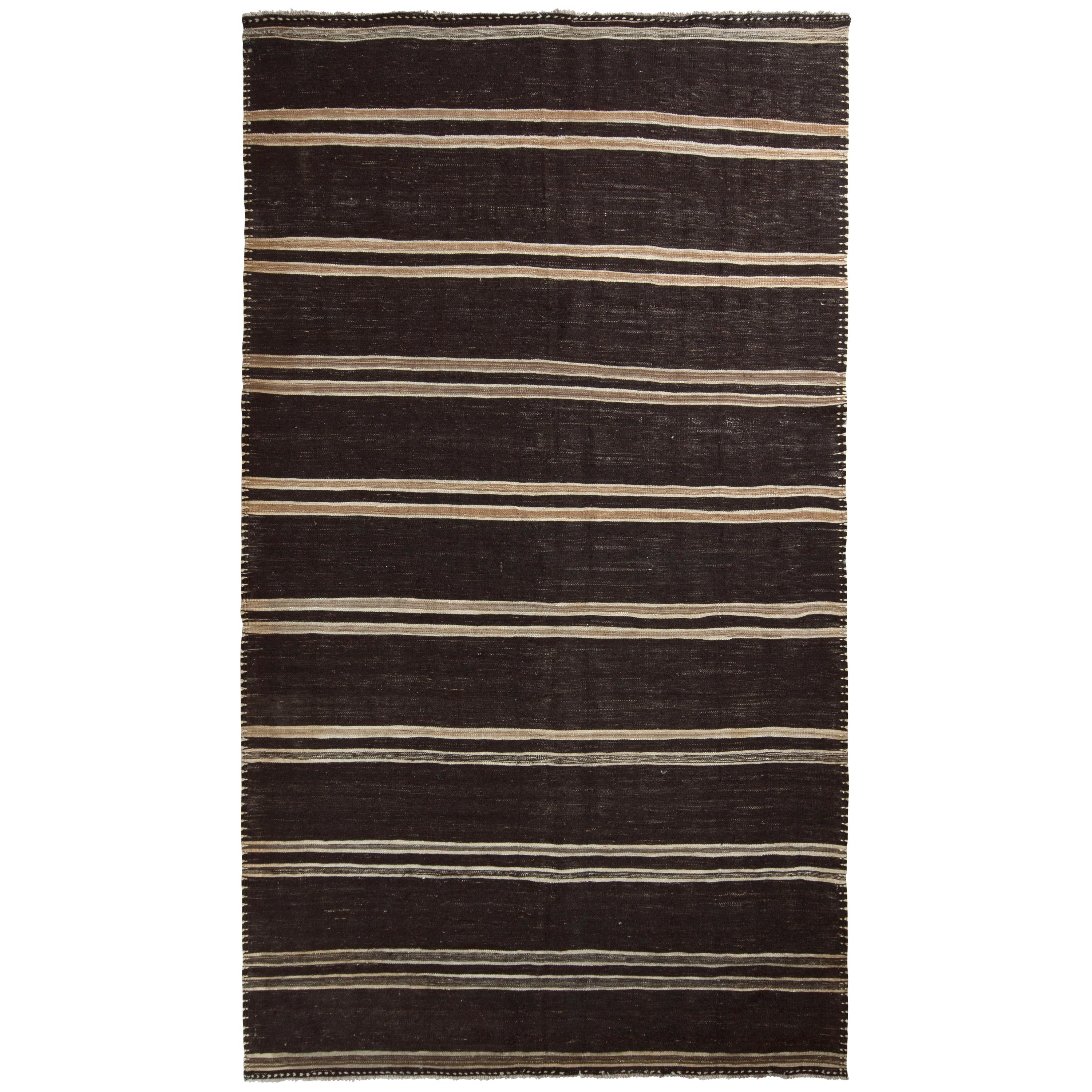 Handmade Midcentury Vintage Kilim in Beige Brown Striped Pattern by Rug & Kilim