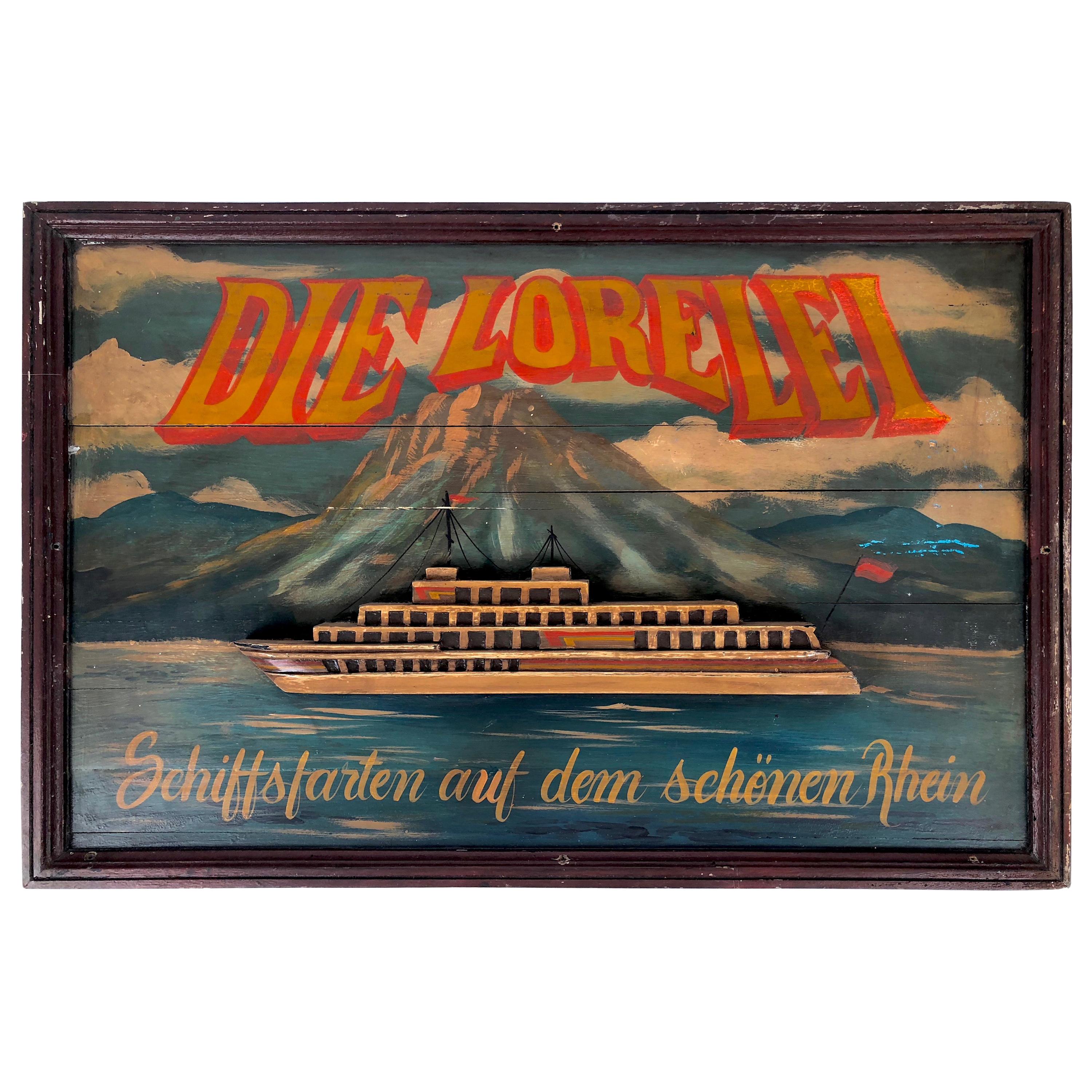 Handgefertigtes, dreidimensionales Holzschild aus der Mitte des Jahrhunderts, Die Lorelei, 1950–60er Jahre
