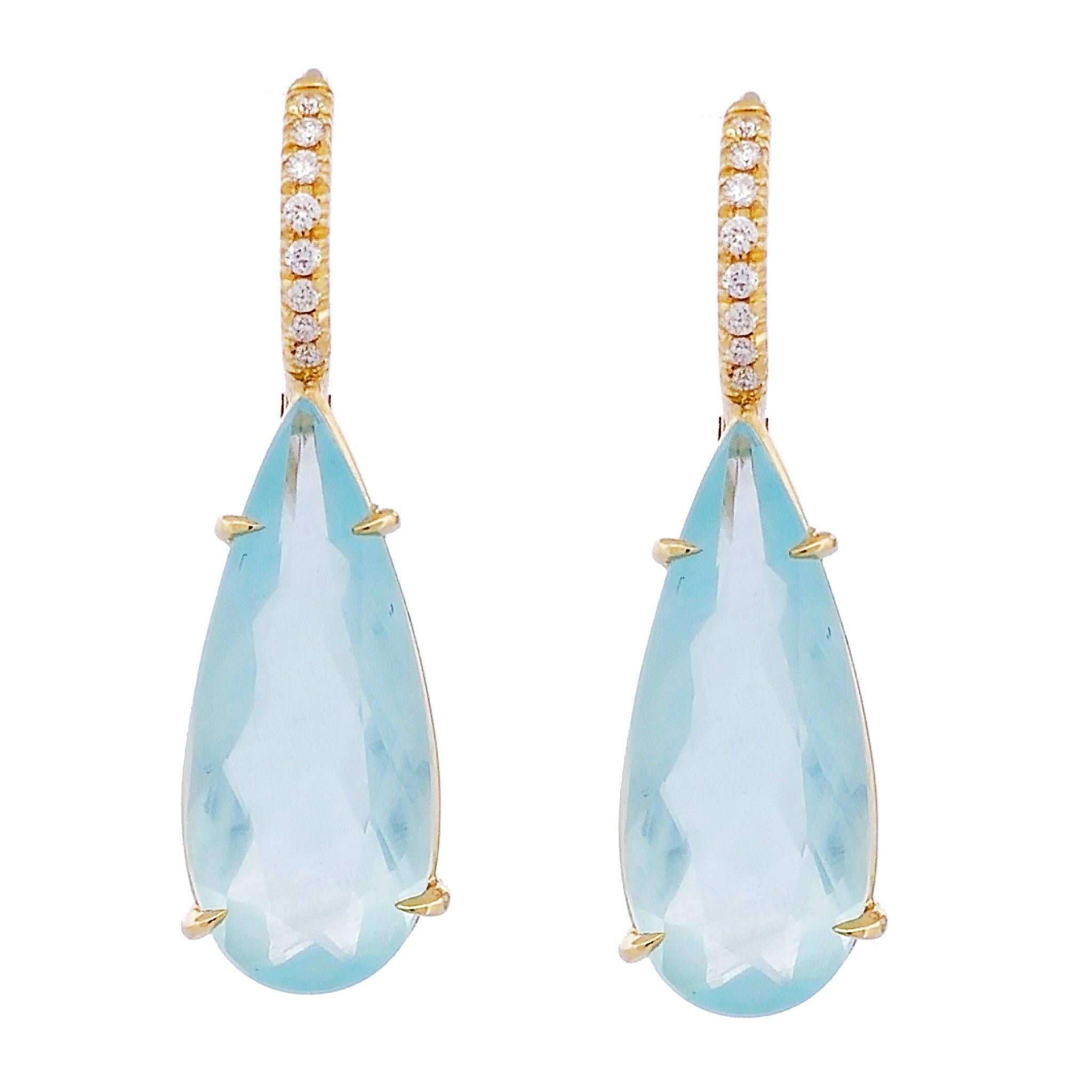Handmade Milky Aquamarine Yellow Gold Diamond Pave Drop Earrings In New Condition In Miami, FL