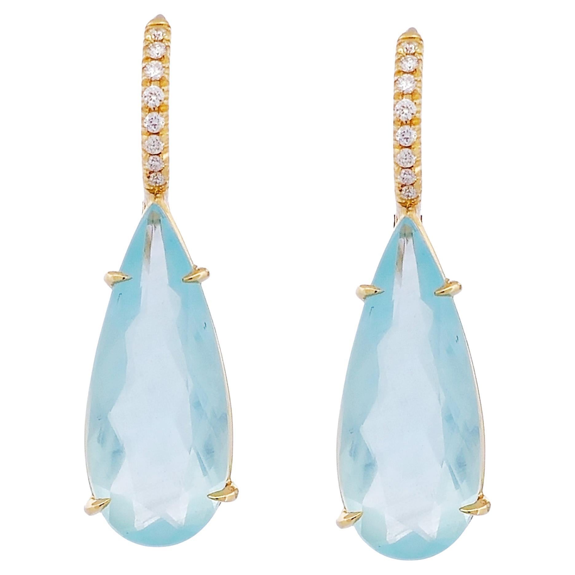 Handmade Milky Aquamarine Yellow Gold Diamond Pave Drop Earrings For Sale