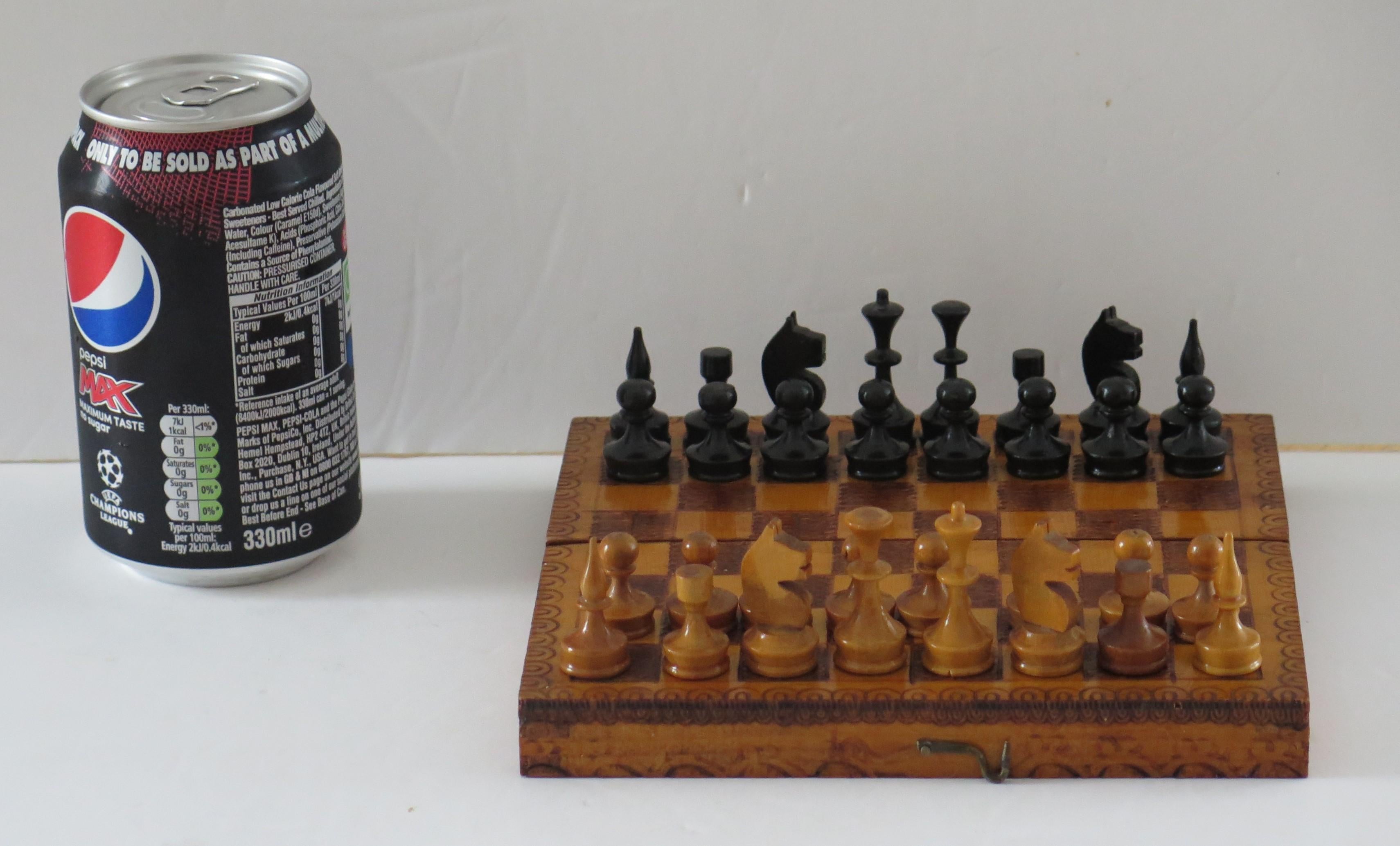 Handmade Miniature Travelling Chess Set Game in Pokerwork Box, Circa 1900 8