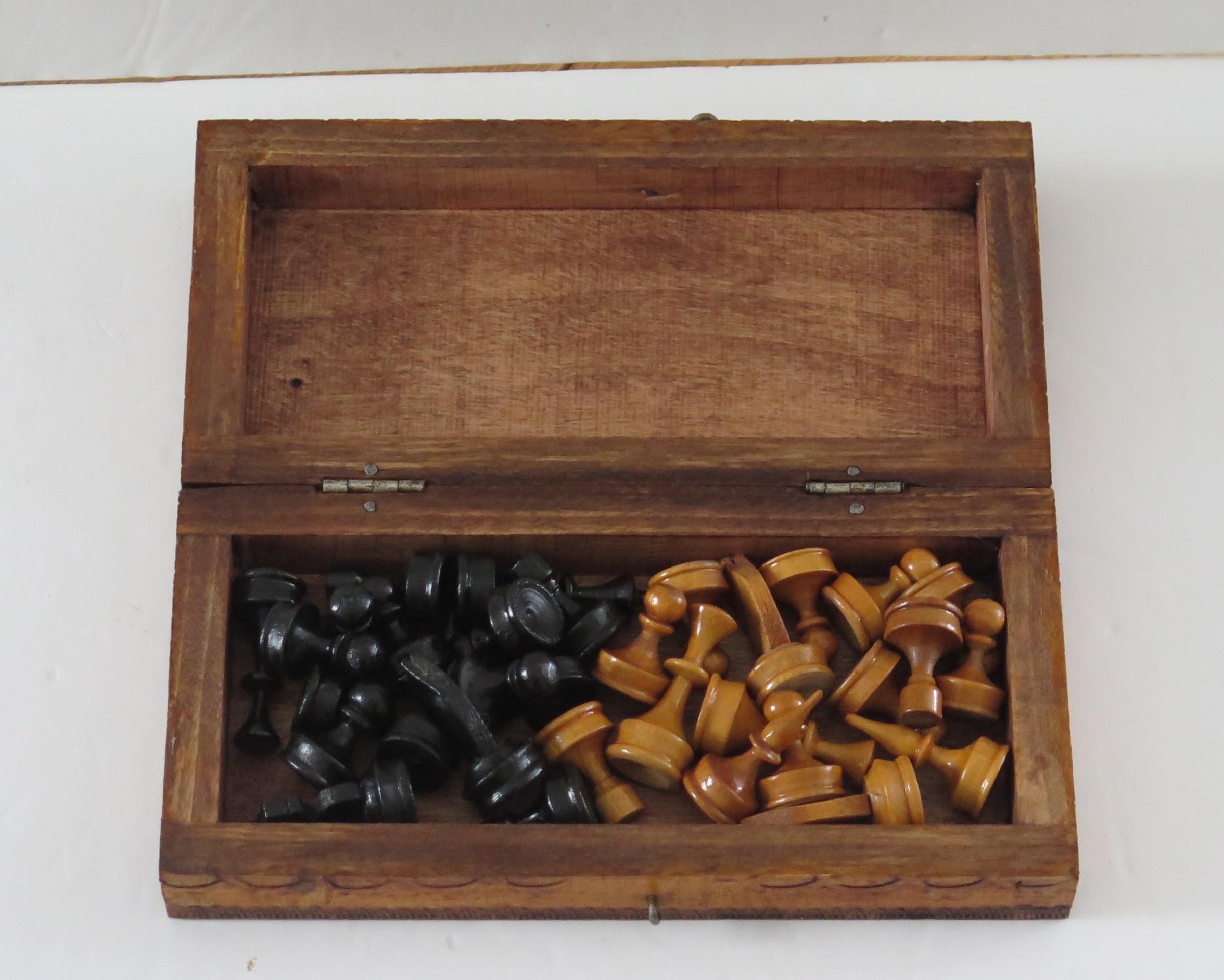 Edwardian Handmade Miniature Travelling Chess Set Game in Pokerwork Box, Circa 1900