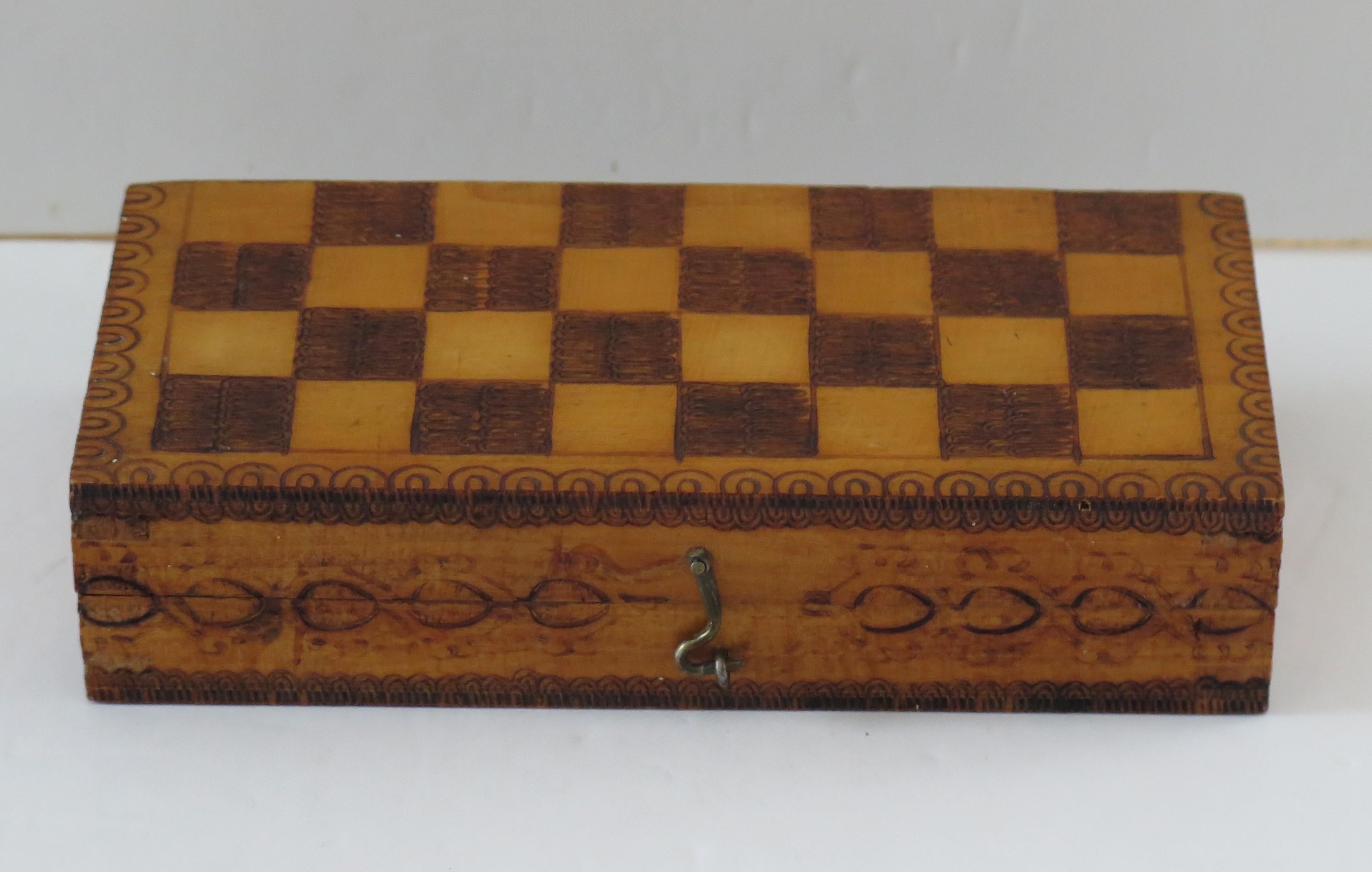 British Handmade Miniature Travelling Chess Set Game in Pokerwork Box, Circa 1900