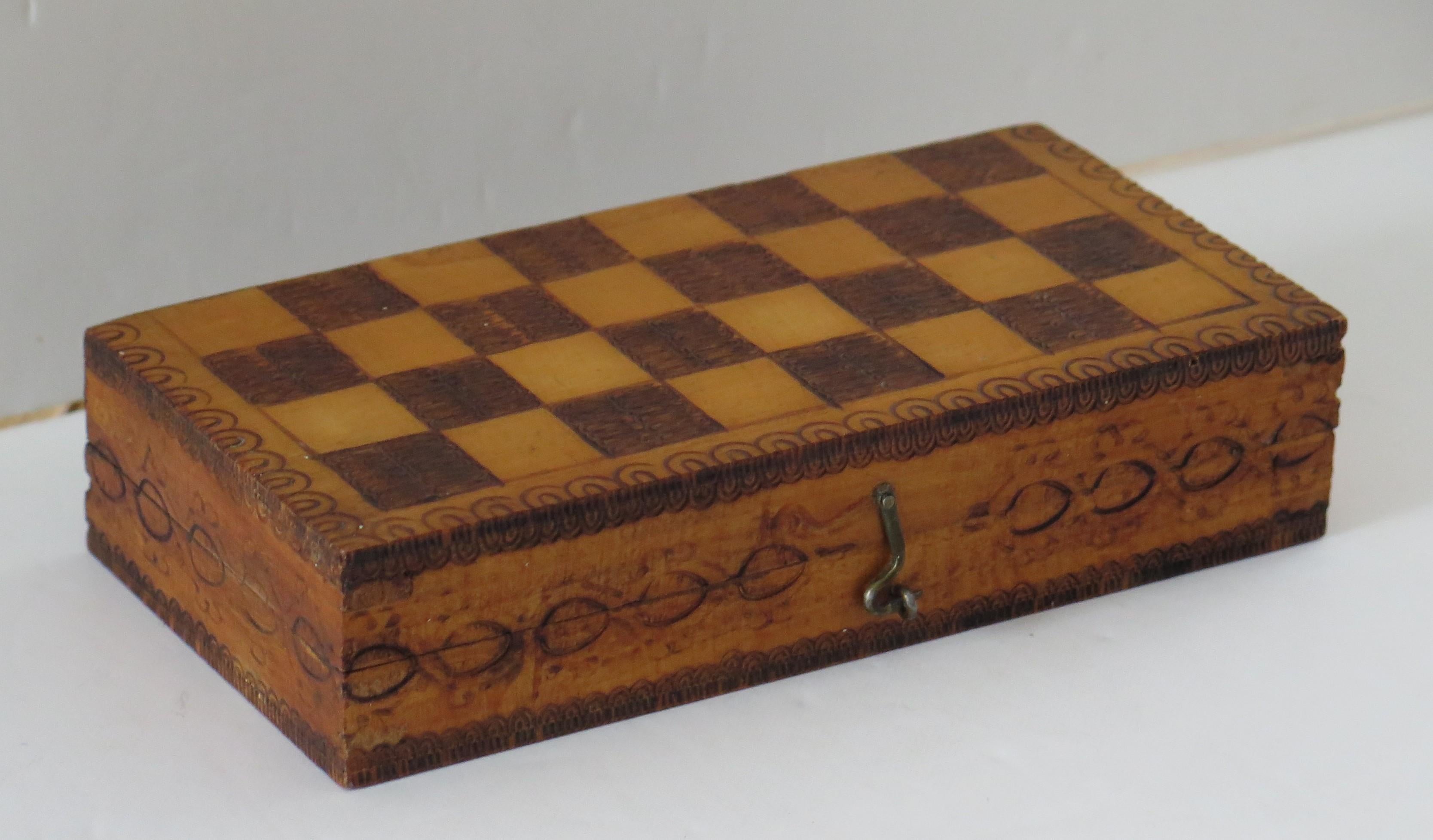 Hand-Crafted Handmade Miniature Travelling Chess Set Game in Pokerwork Box, Circa 1900