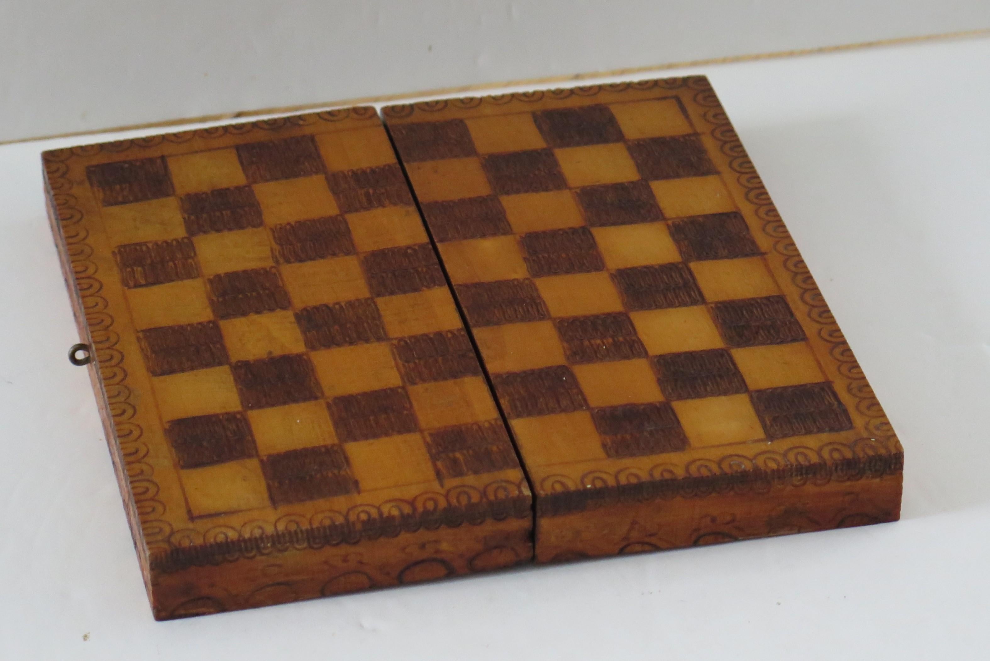 Handmade Miniature Travelling Chess Set Game in Pokerwork Box, Circa 1900 In Good Condition In Lincoln, Lincolnshire