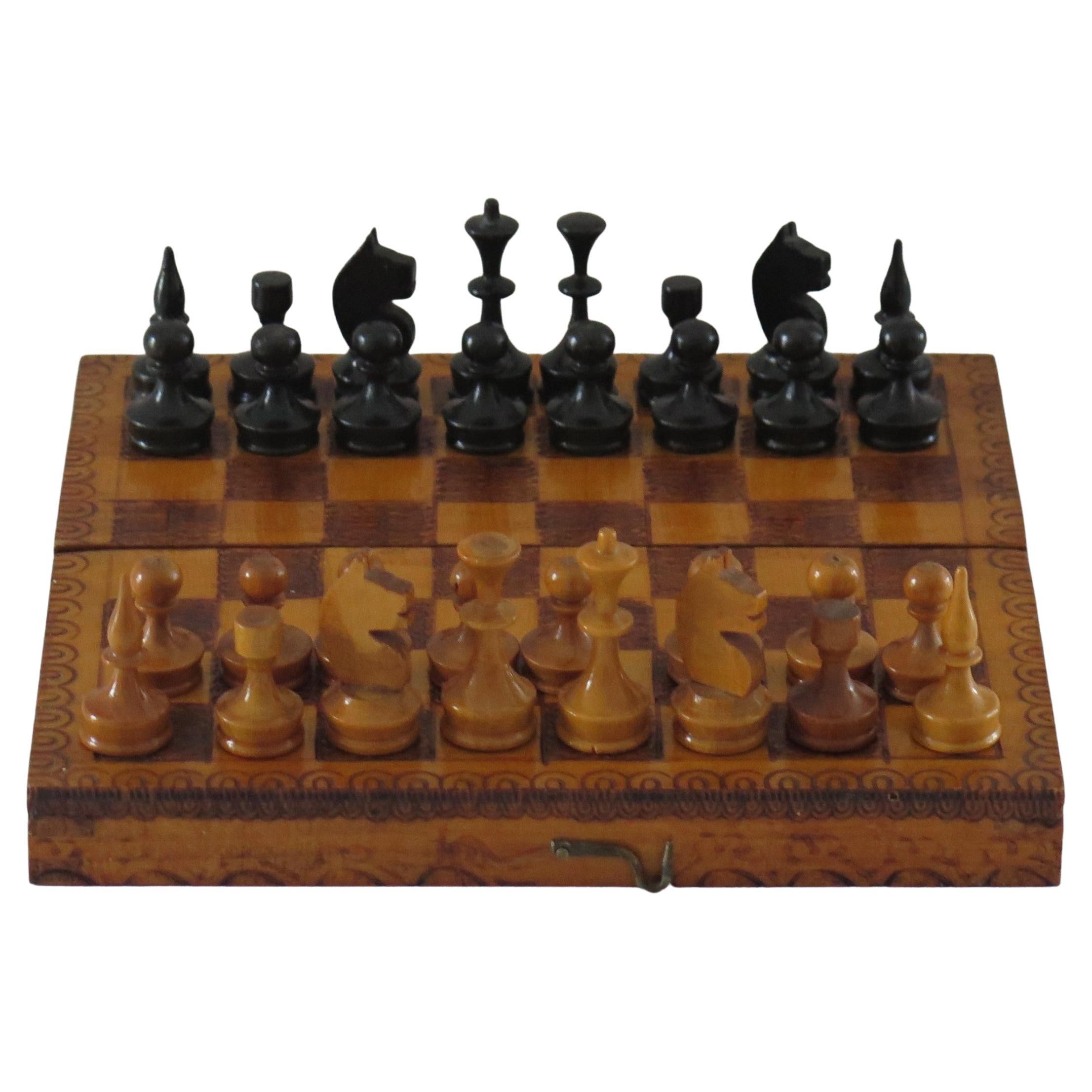 Handmade Miniature Travelling Chess Set Game in Pokerwork Box, Circa 1900