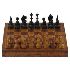 Handmade Miniature Travelling Chess Set Game in Pokerwork Box, Circa 1900