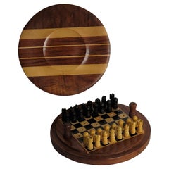 Handmade Miniature Travelling Chess Set Game Inlaid Walnut Box, circa 1920