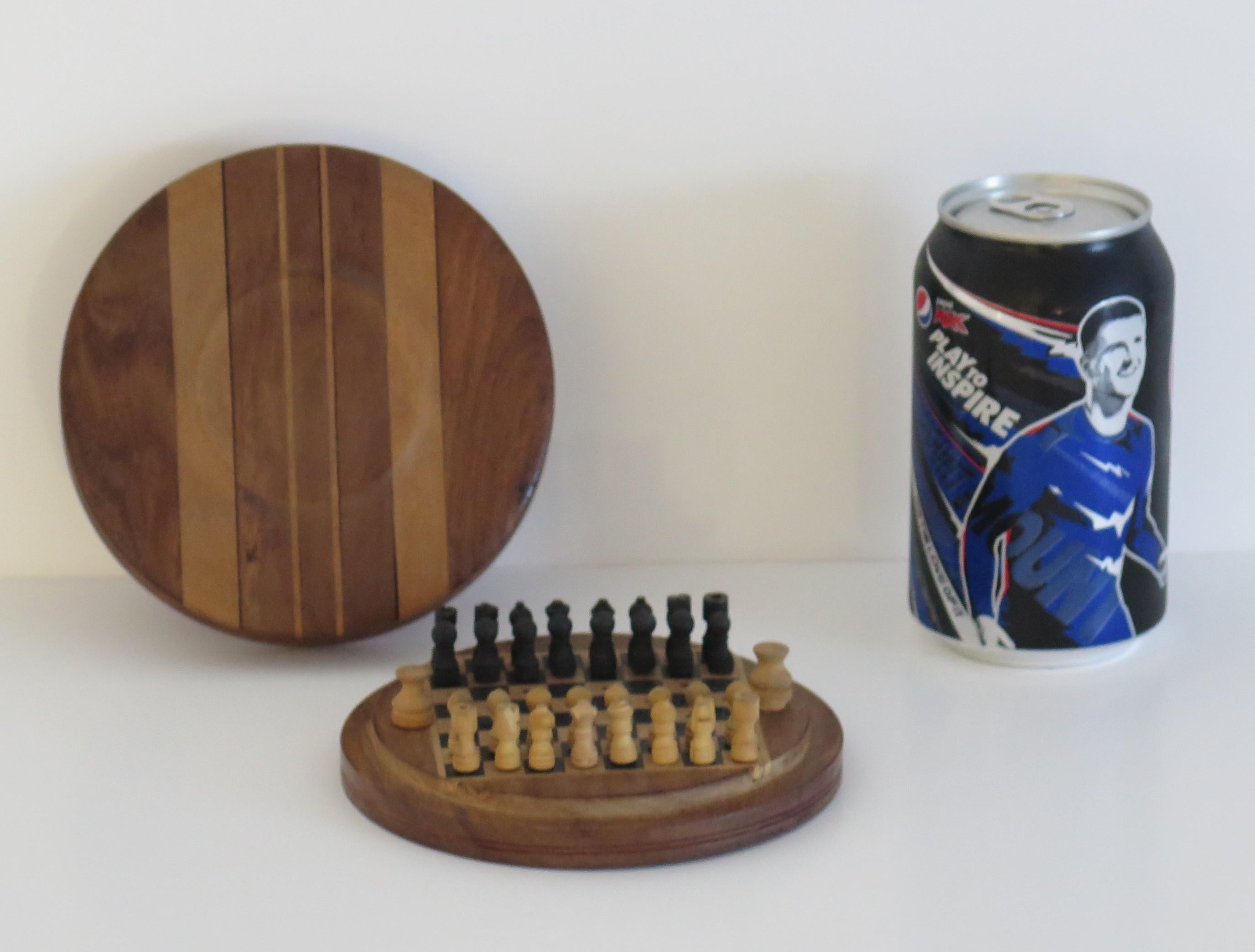 20th Century Handmade Miniature Travelling Chess Set Game Inlaid Walnut Box, circa 1930's