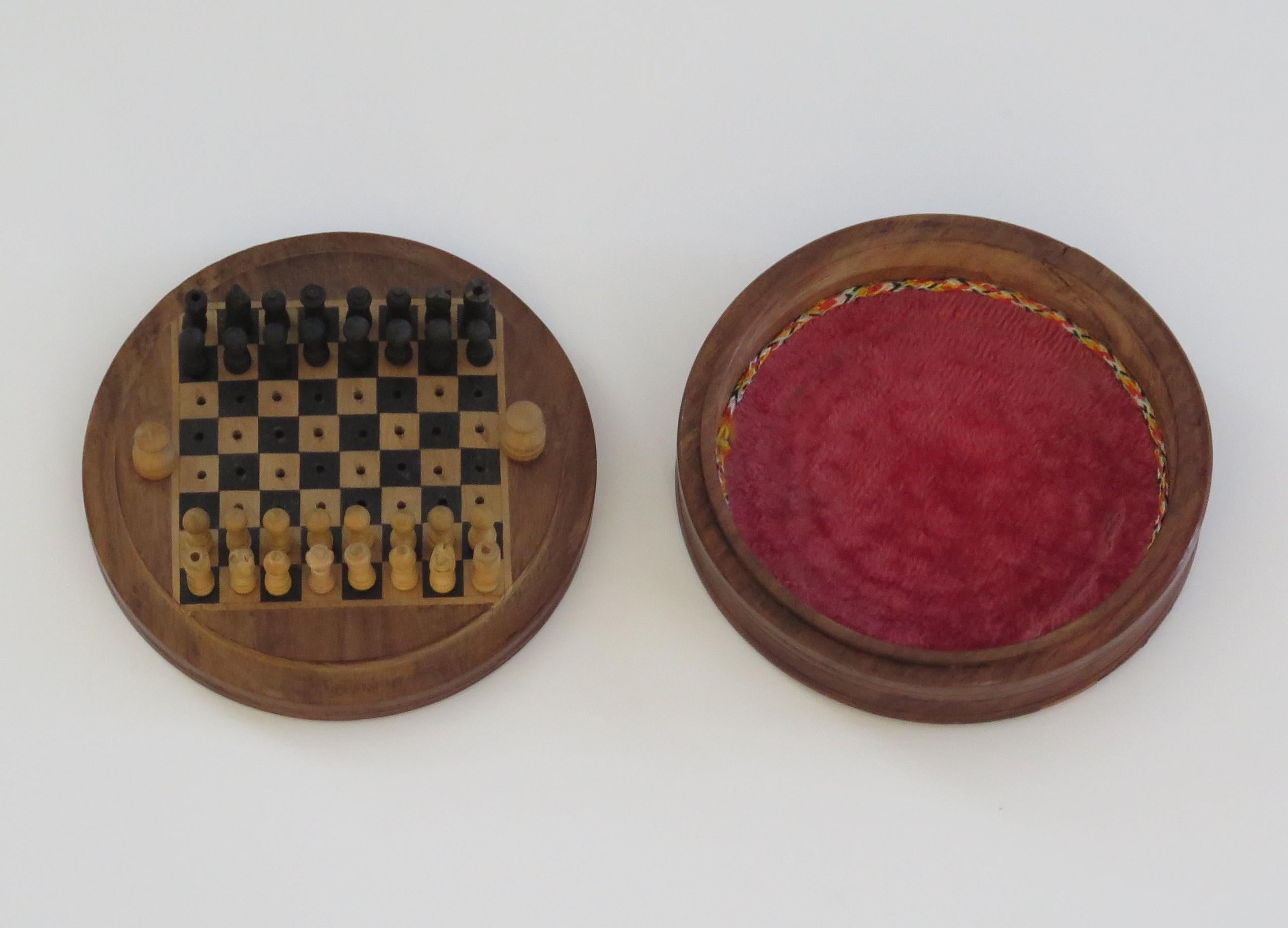 Folk Art Handmade Miniature Travelling Chess Set Game Inlaid Walnut Box, circa 1930's