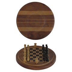Handmade Miniature Travelling Chess Set Game Inlaid Walnut Box, circa 1930's