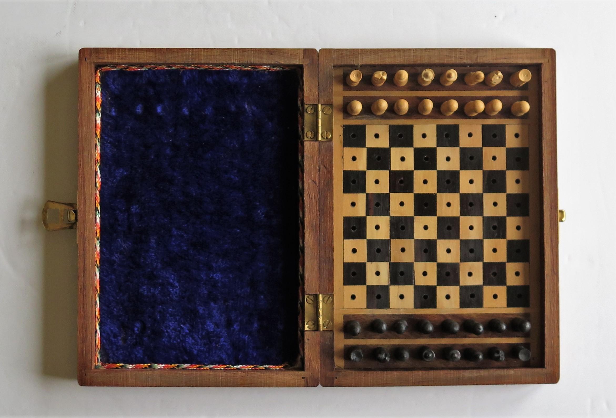 Handmade Miniature Travelling Chess Set Game walnut Inlaid box, circa 1920 6