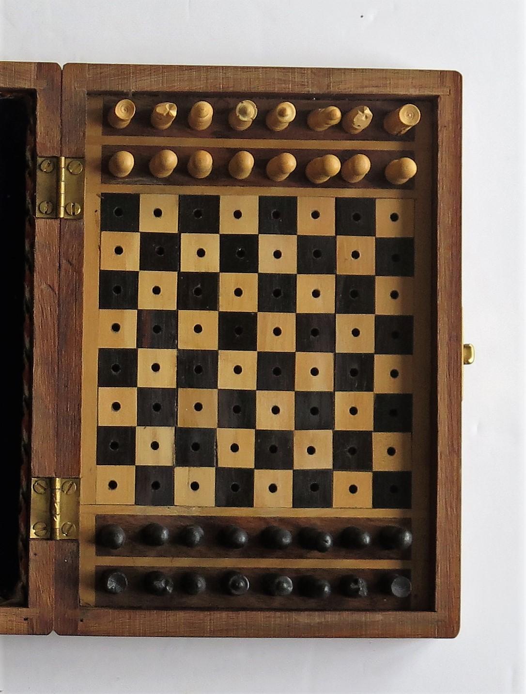 Handmade Miniature Travelling Chess Set Game walnut Inlaid box, circa 1920 7