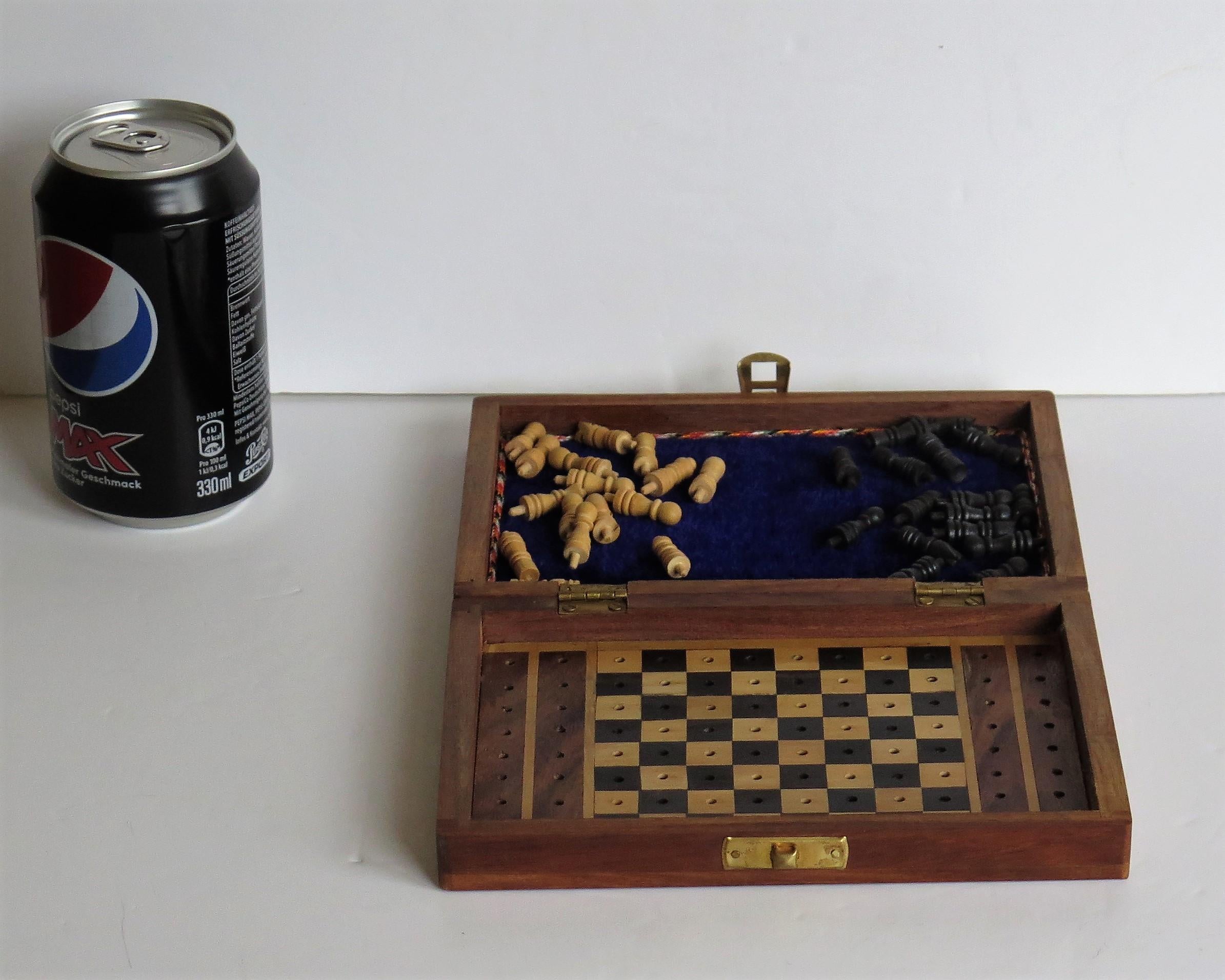 Handmade Miniature Travelling Chess Set Game walnut Inlaid box, circa 1920 8